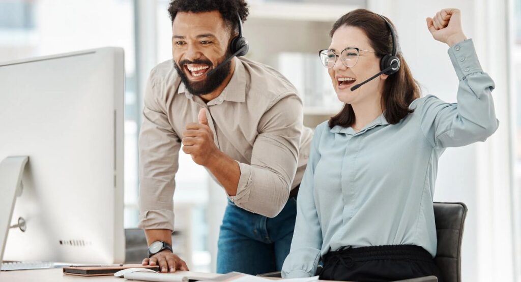 Two happy employees at their low stress job