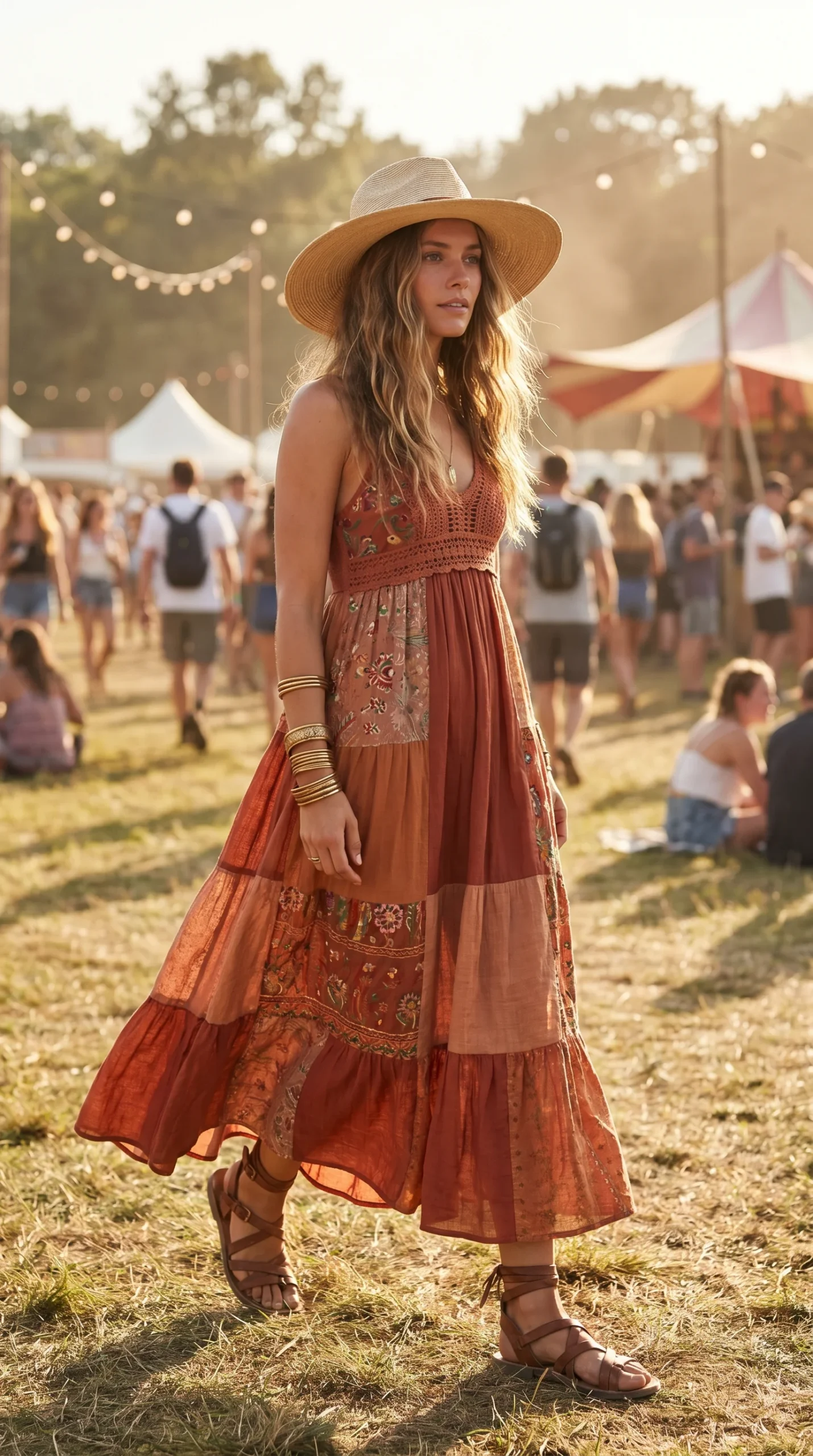 Woman wearing a flowy terracotta and rust patchwork boho maxi dress