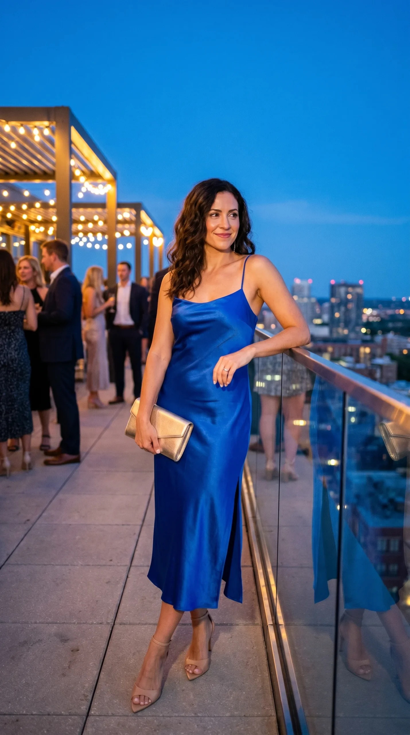 Woman in a sleek cobalt blue satin midi slip dress with thin straps and a side slit, wearing nude pointed-toe heeled sandals and a gold metallic clutch at a rooftop bar at blue hour