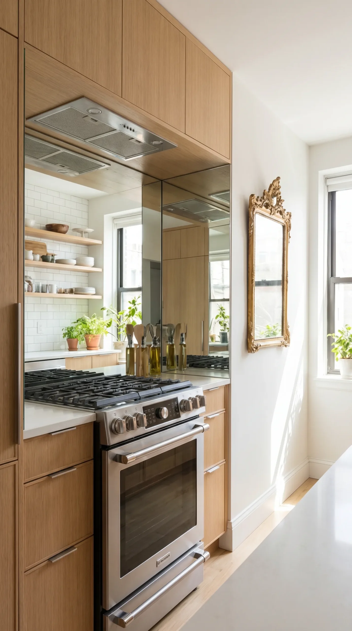 Tiny galley kitchen with mirrored