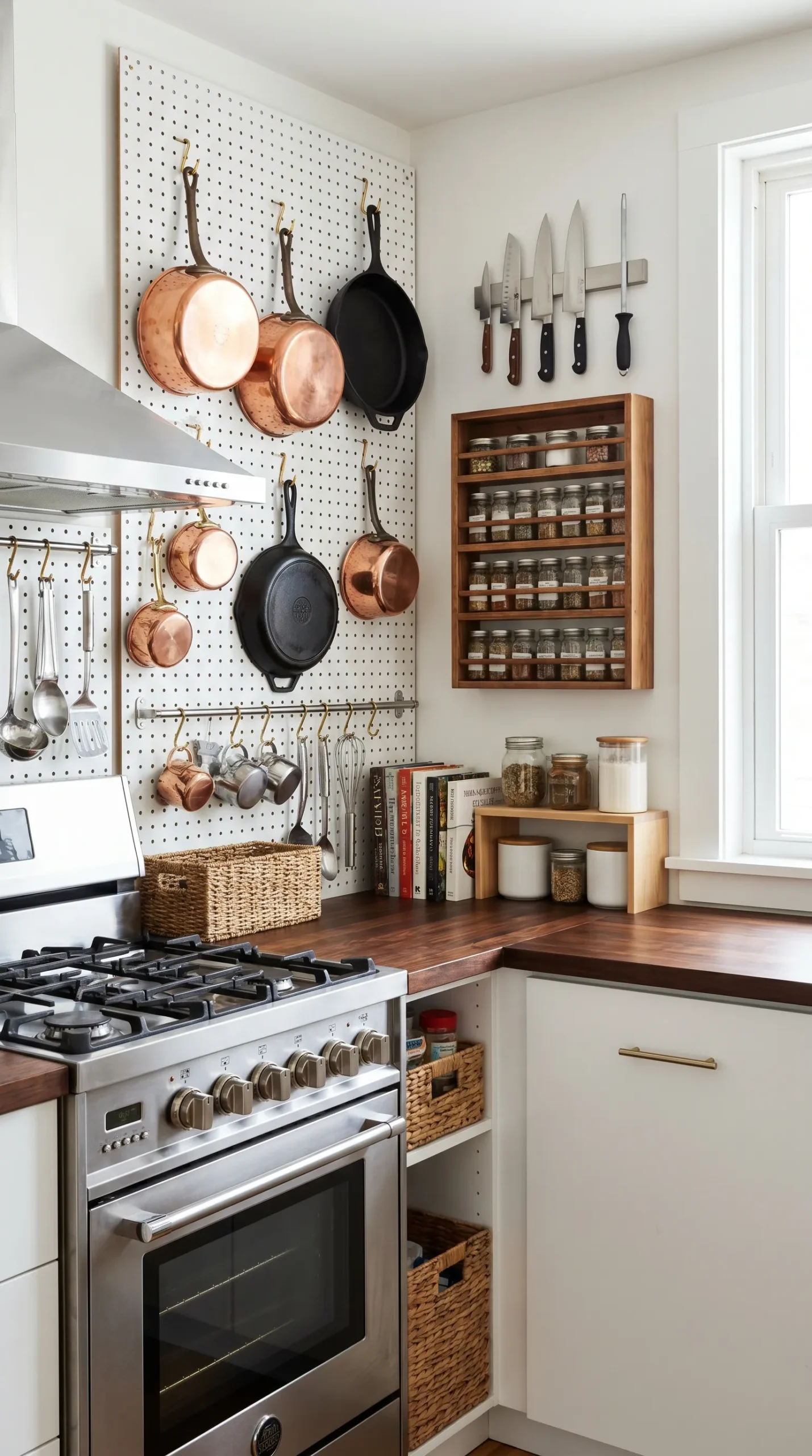 Tiny kitchen with white pegboard