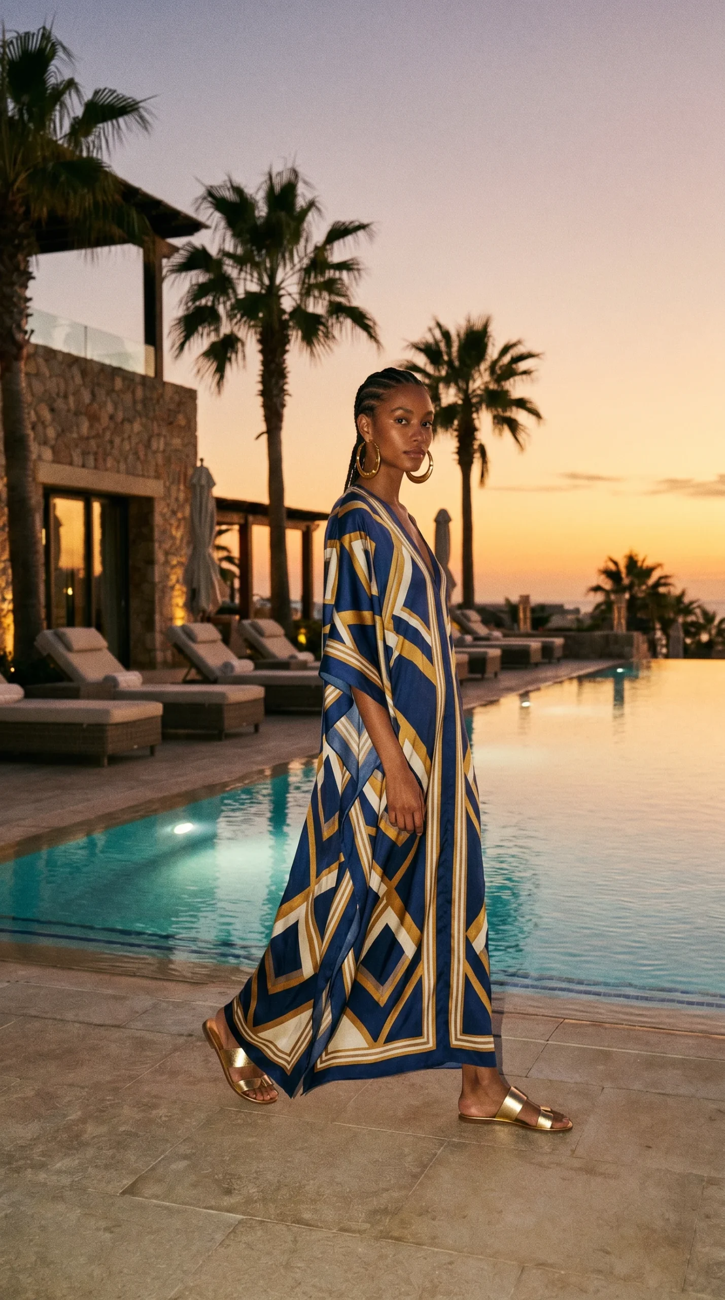 Woman in a flowing silk caftan-style maxi dress in bold cobalt, gold, and ivory geometric abstract print