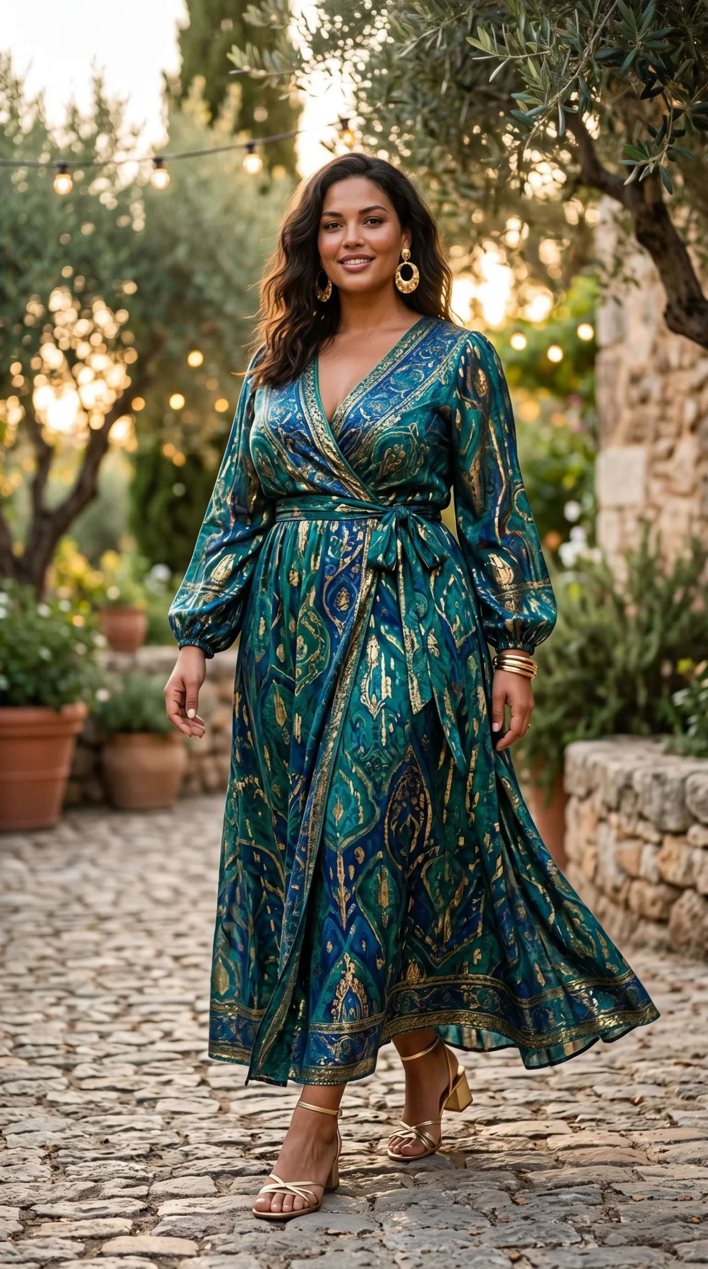 Woman with an hourglass figure wearing a richly printed wrap maxi dress in deep teal and gold jewel tones