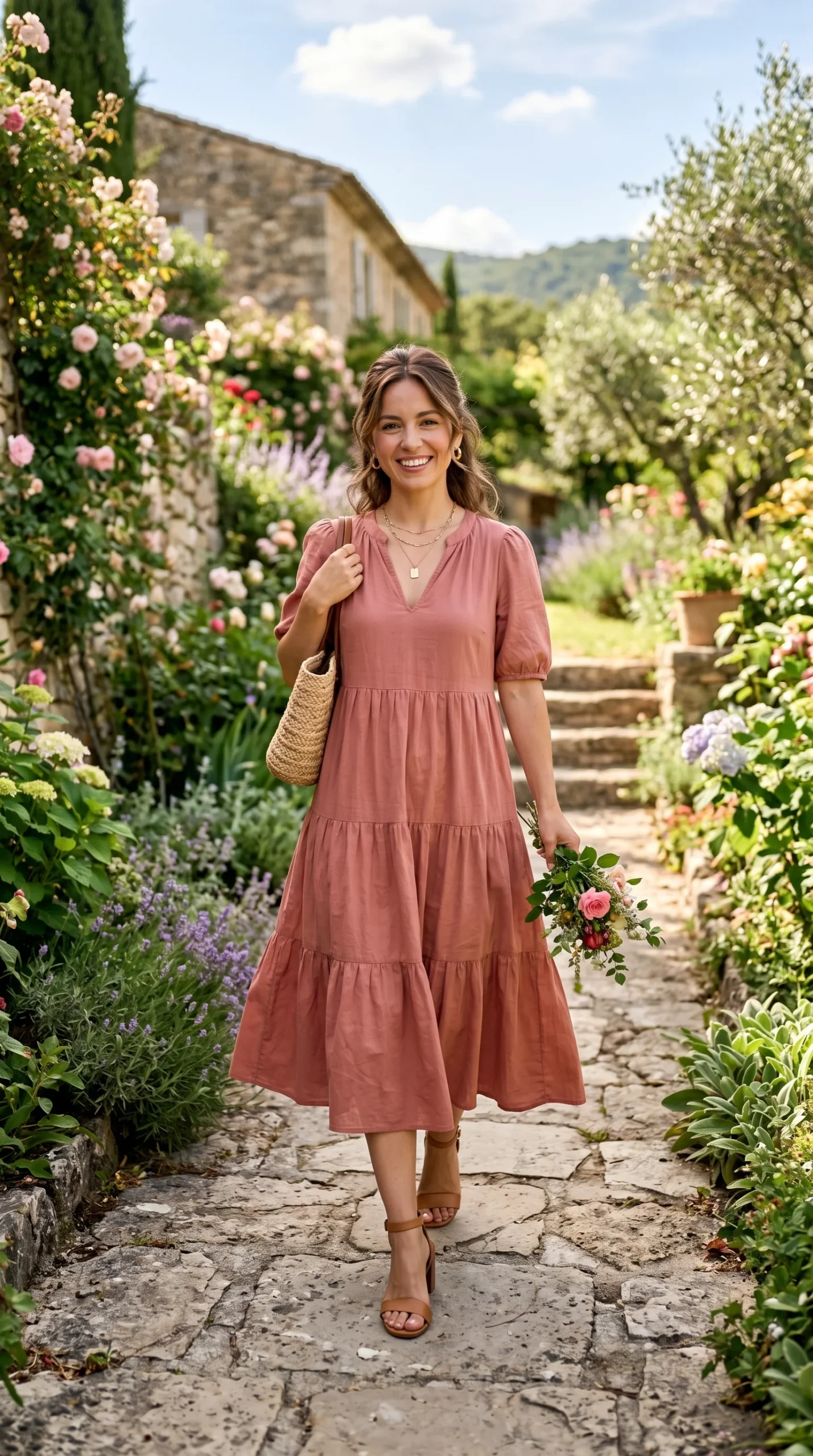 Petite woman in a tiered cotton midi dress in warm dusty rose with block-heeled tan sandals