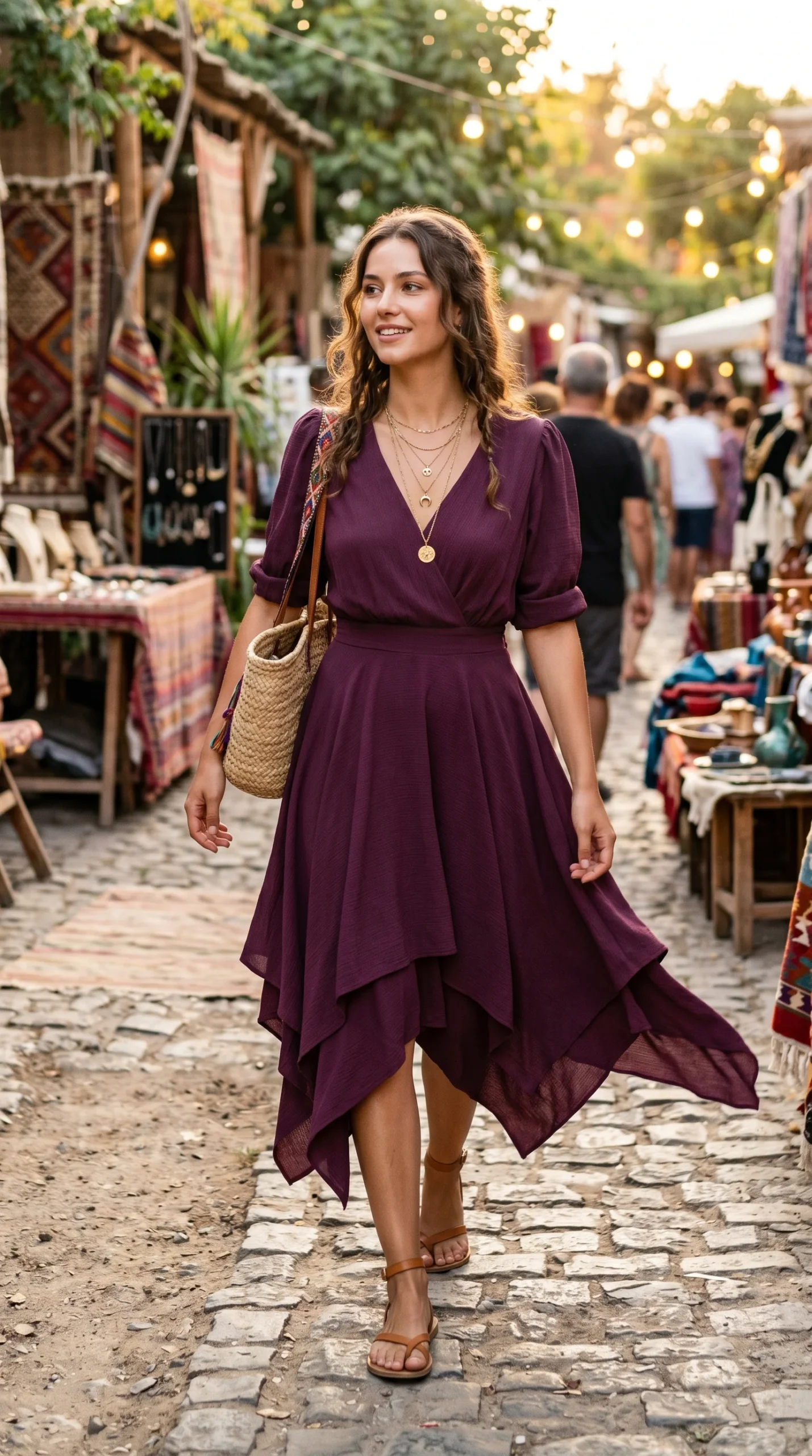 Woman in a flowy asymmetric hem boho midi dress