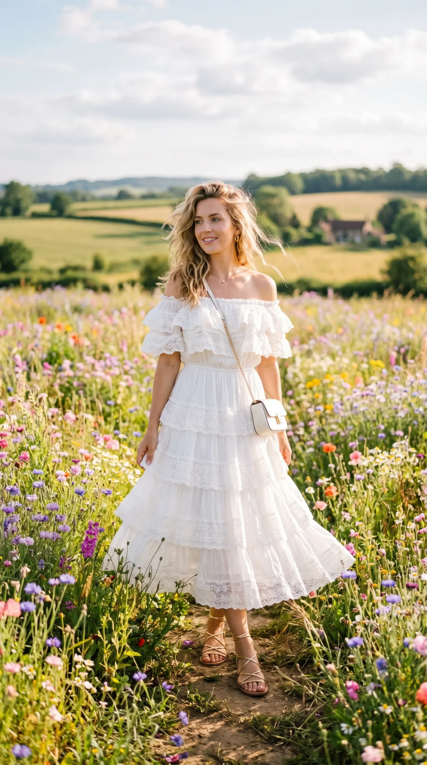 Woman in a romantic white tiered ruffle off-shoulder midi dress