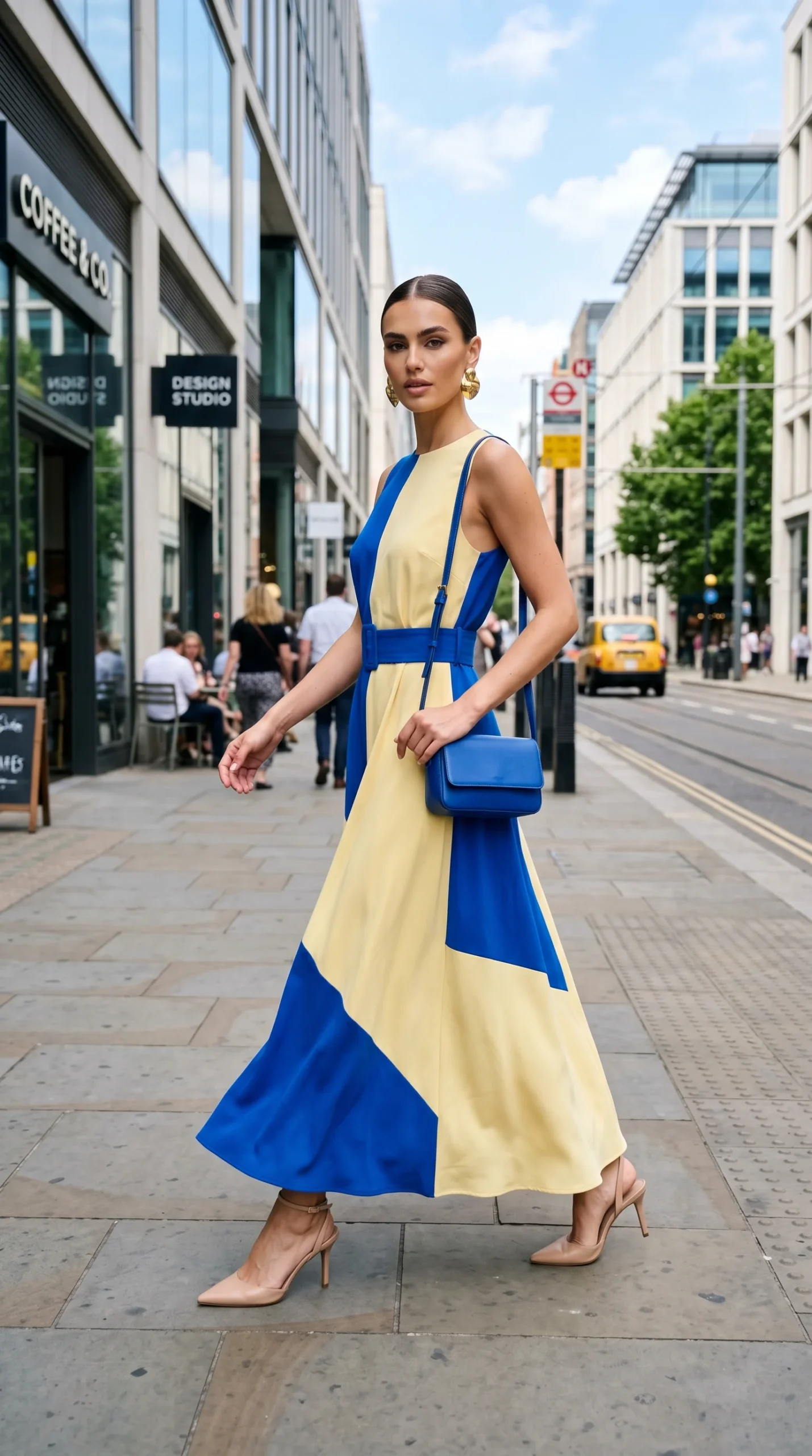 Woman wearing a geometric color-block maxi dress in cobalt blue and butter yellow sections