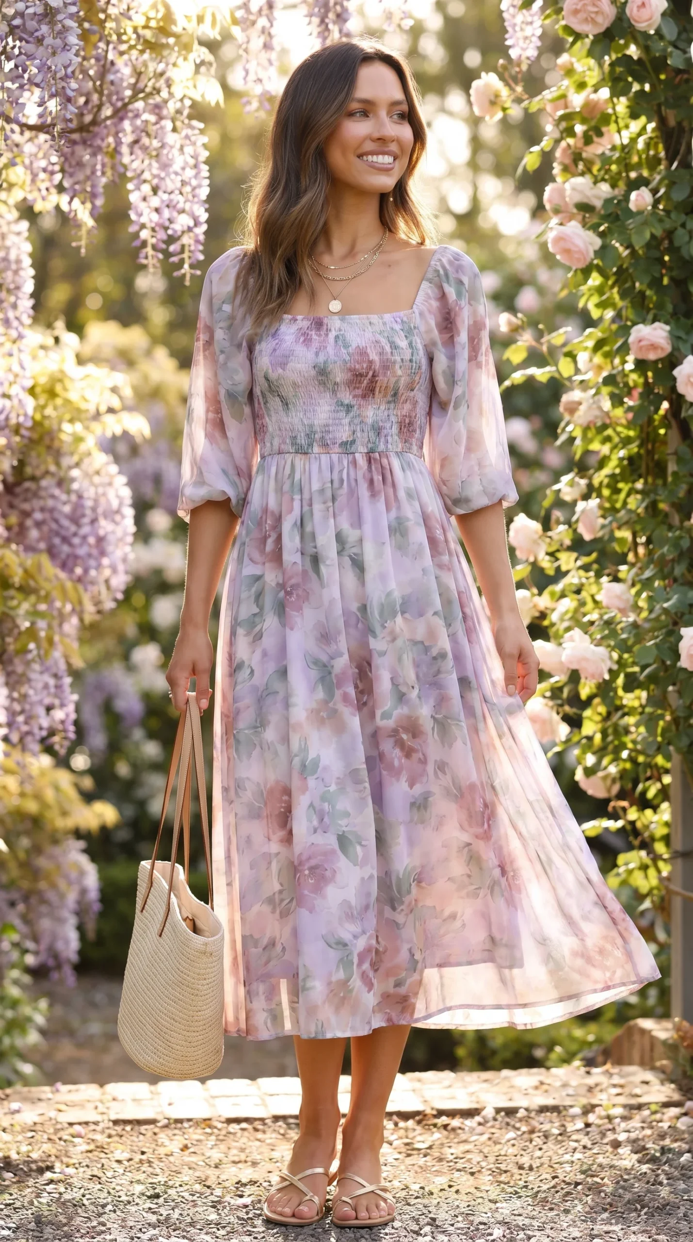 Woman wearing a flowy watercolor floral smocked bodice midi dress in soft lilac, dusty rose, and sage tones