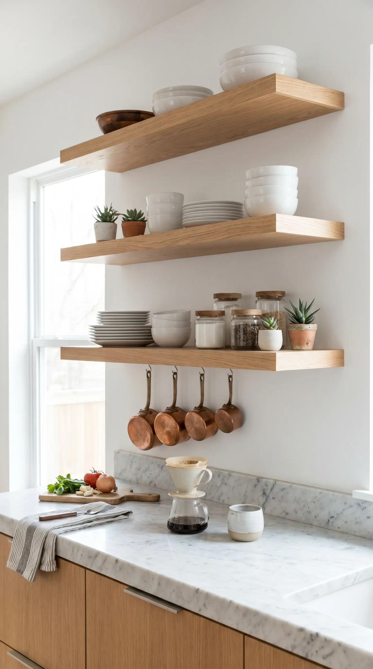 Modern tiny kitchen with three floating shelves