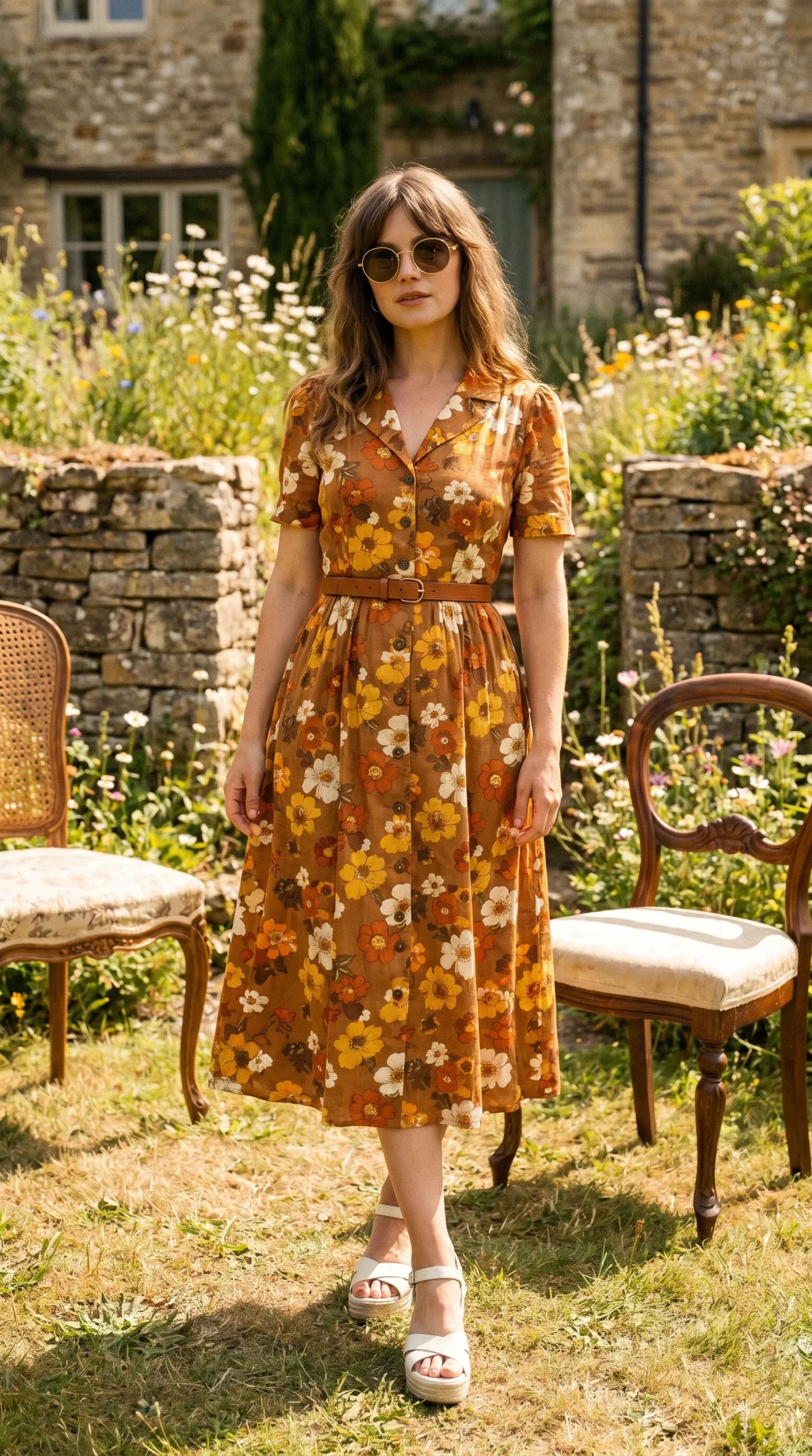 Woman in a retro-style button-front floral midi dress