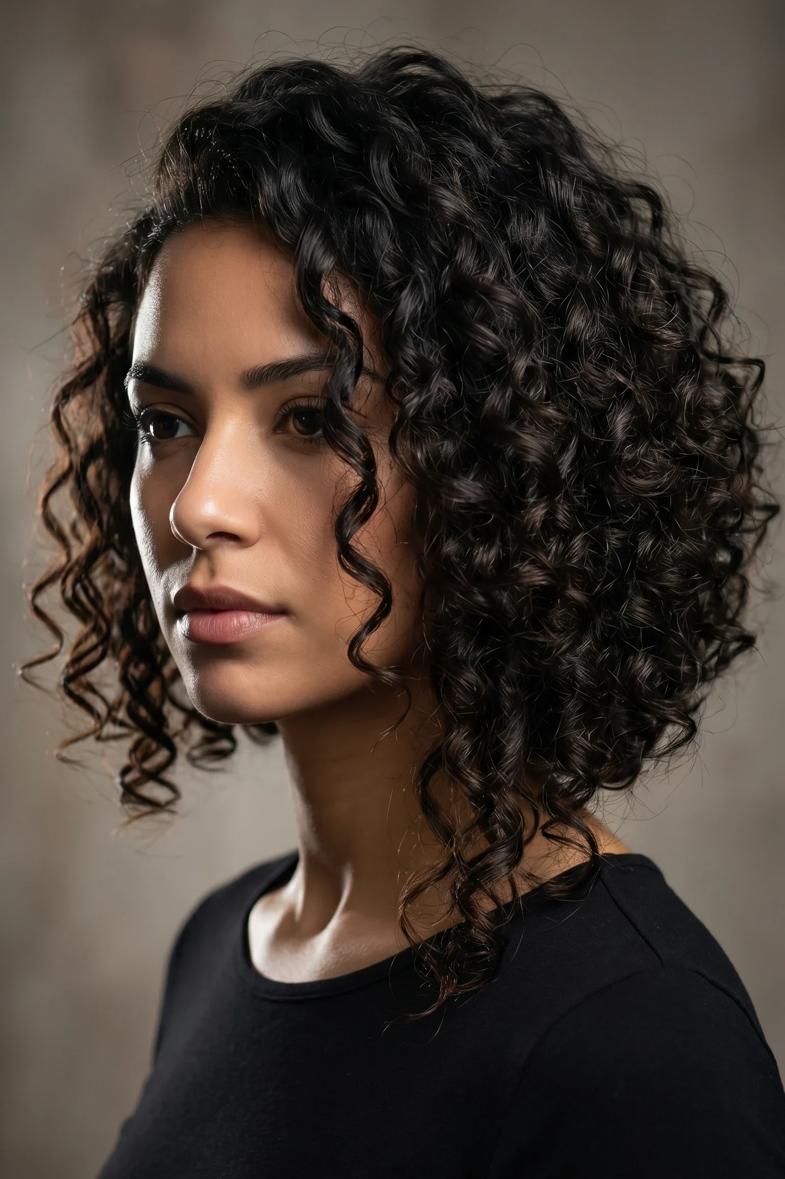 Asymmetric curly bob hair cut