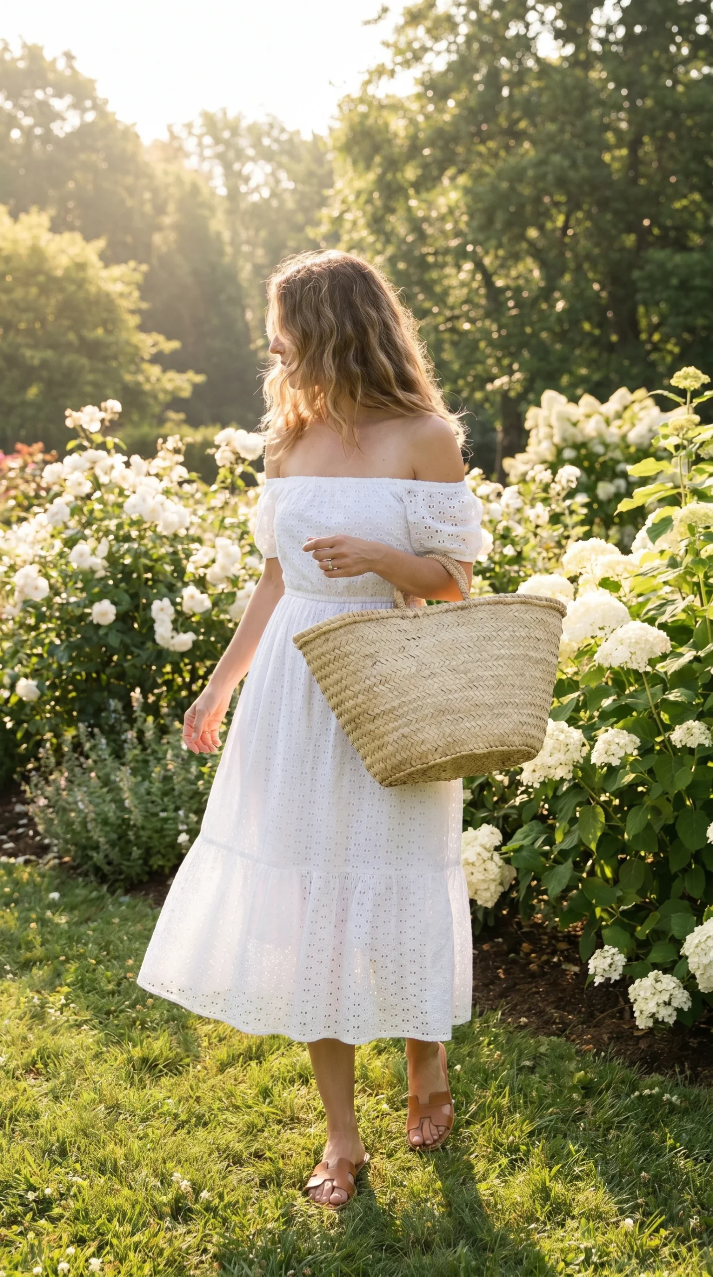 Woman wearing a flowy white cotton eyelet off-shoulder sundress with an A-line skirt