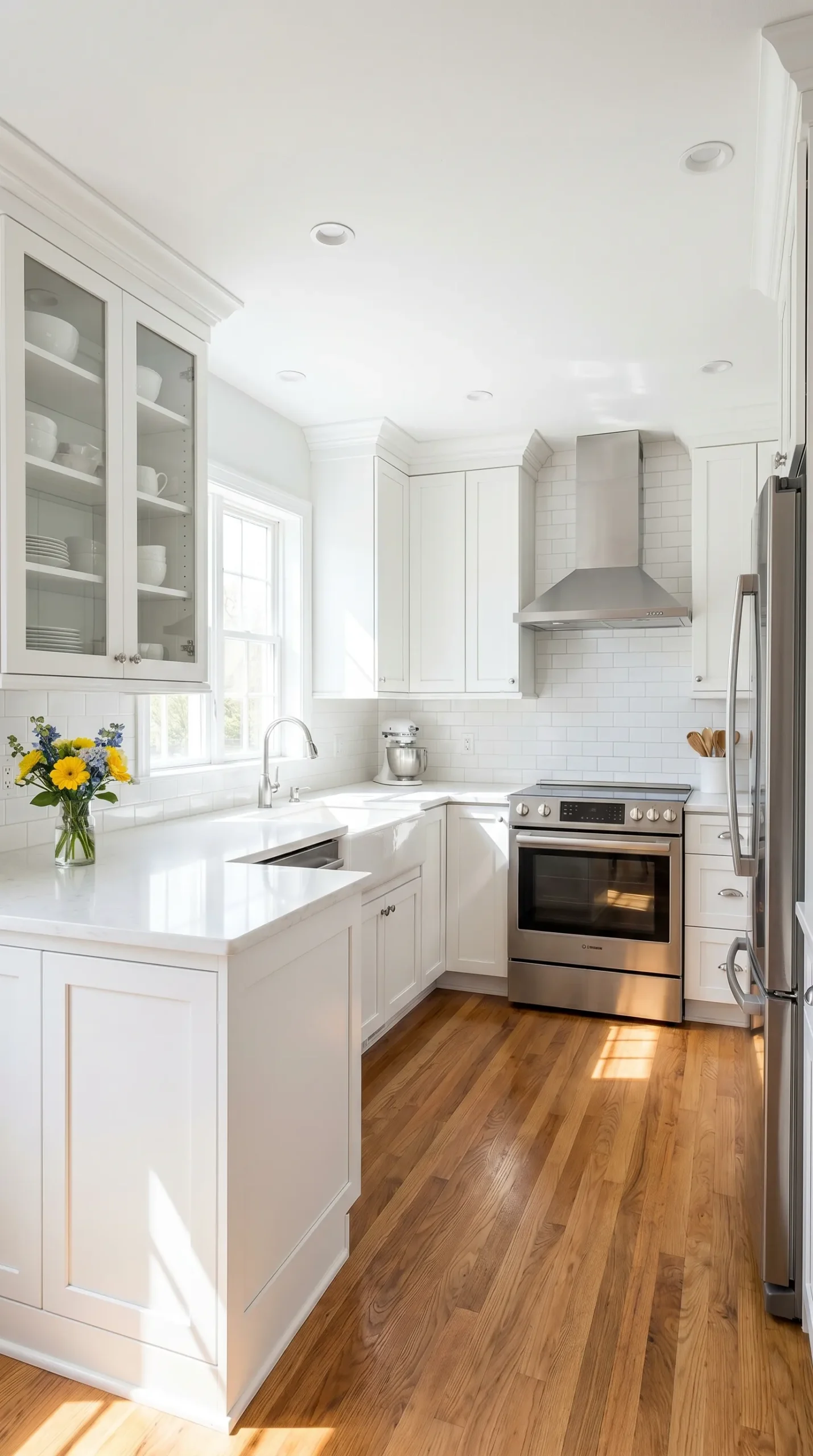 Bright tiny kitchen with all-white