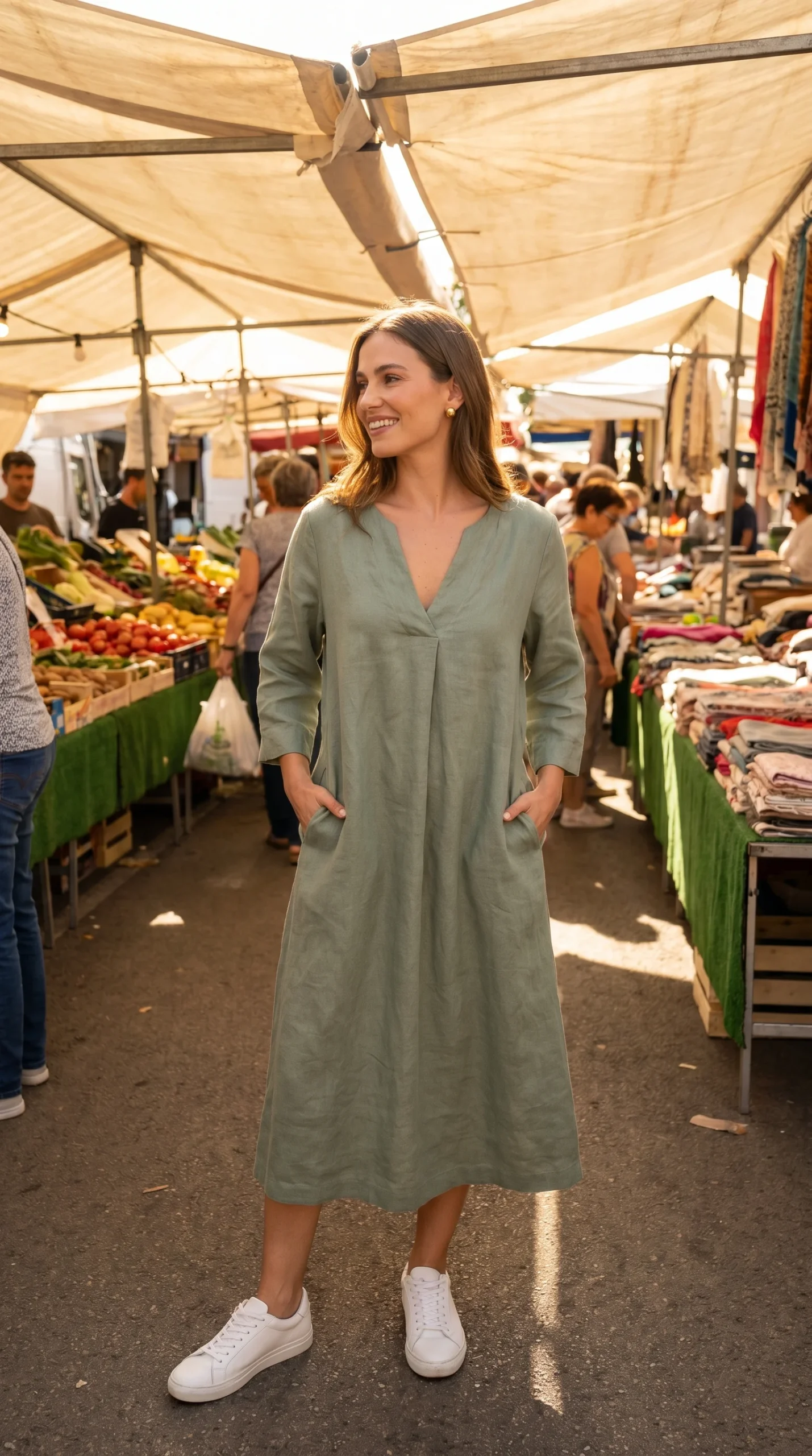 Woman in a relaxed sage green linen midi dress with a deep V-neckline and side pockets
