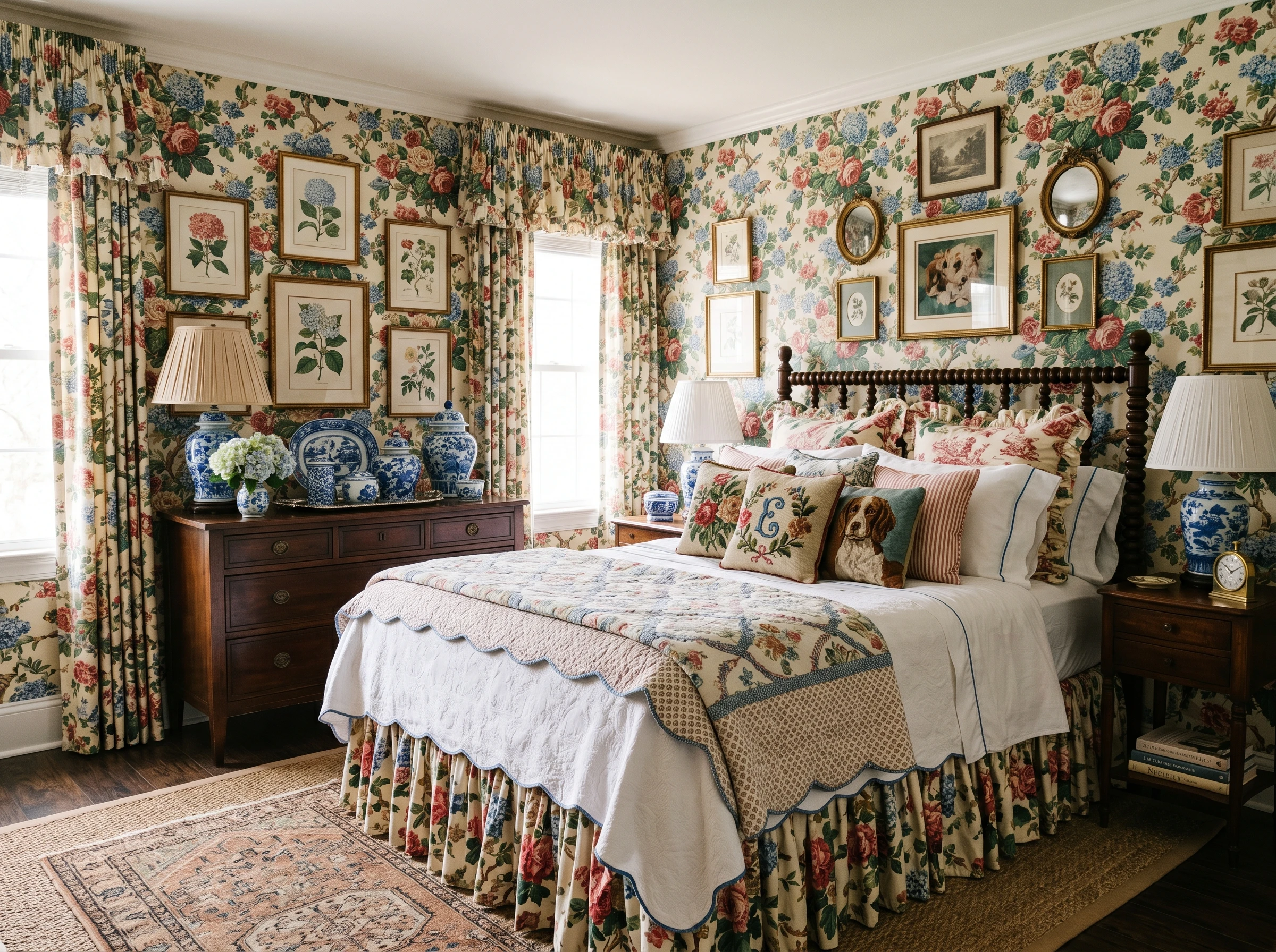 A cozy bedroom with floral wallpaper, matching curtains, and bedding. The room features a wooden bed with many pillows, framed art on the walls, blue and white vases, wooden dressers, and soft natural light from two windows.