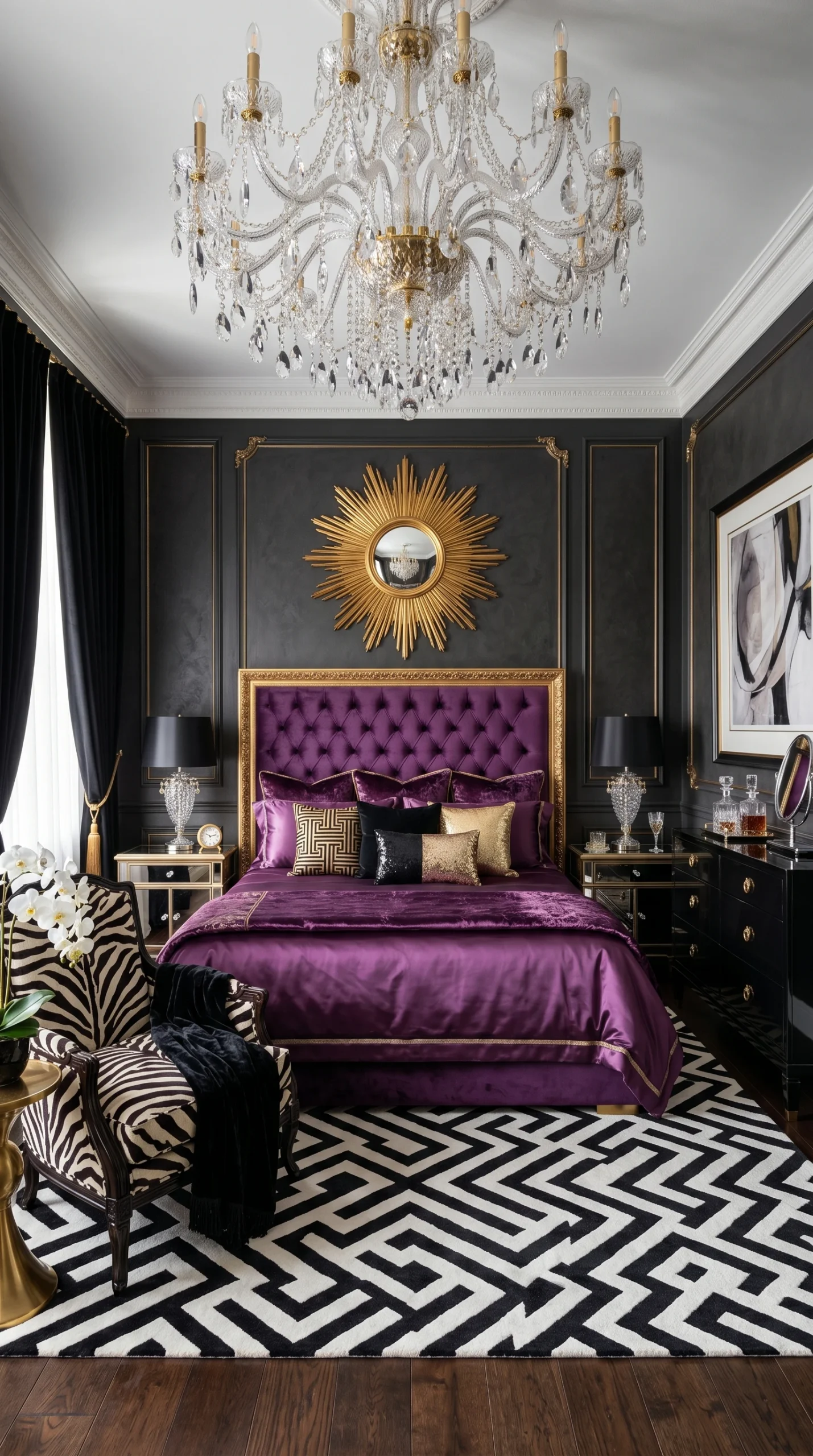 Luxurious bedroom with a gold and purple tufted bed, black and gold decor, sunburst mirror, crystal chandelier, black and white geometric rug, and a zebra-print chair. The room features dark walls and elegant artwork.