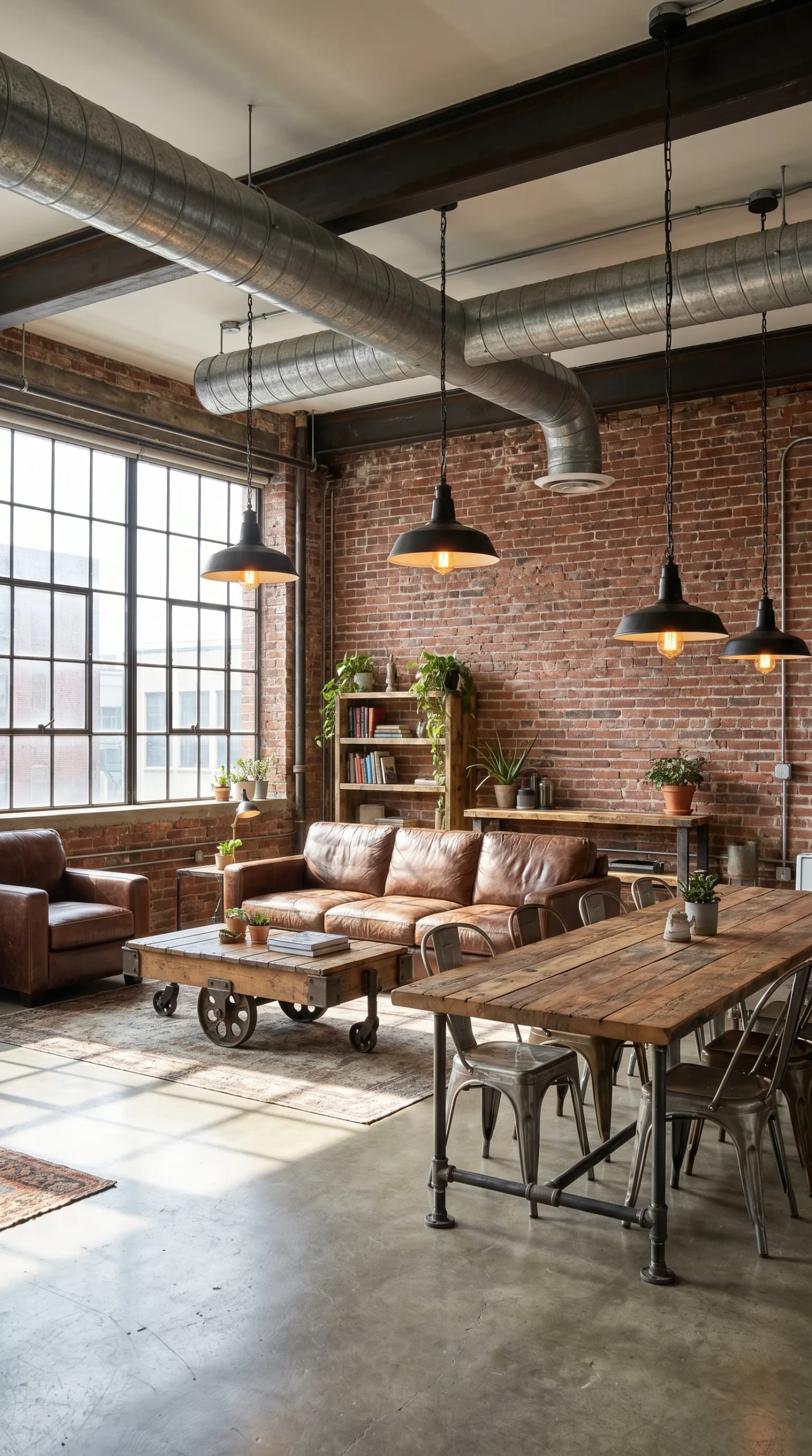 Industrial-style living room with exposed brick walls, large windows, leather sofas, a wooden dining table with metal chairs, hanging pendant lights, and visible ductwork. Plants and books decorate the space.