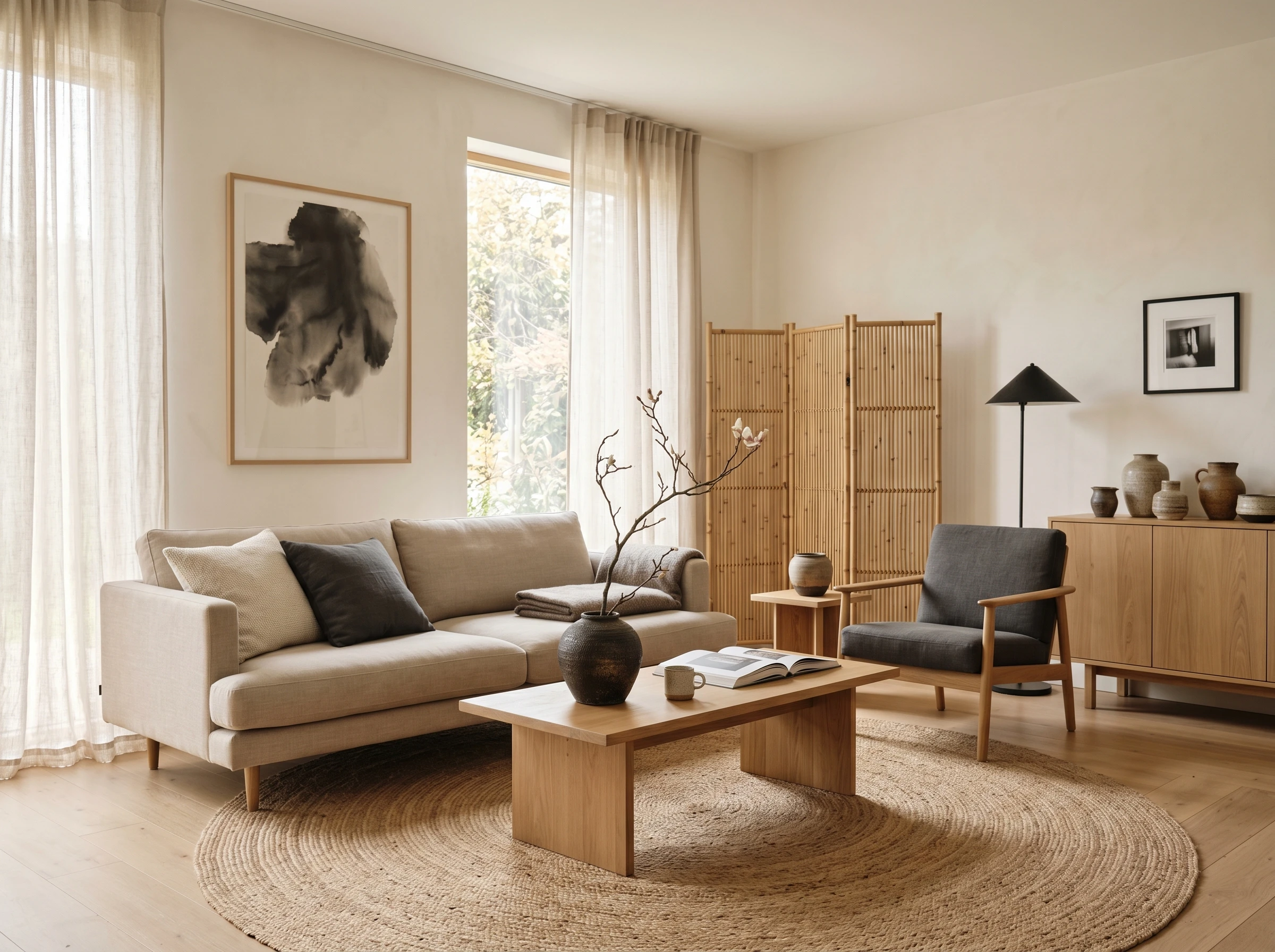 A minimalist living room with a beige sofa, wooden coffee table, armchair, rug, sideboard with pottery, a room divider, abstract wall art, and large windows with sheer curtains letting in natural light.
