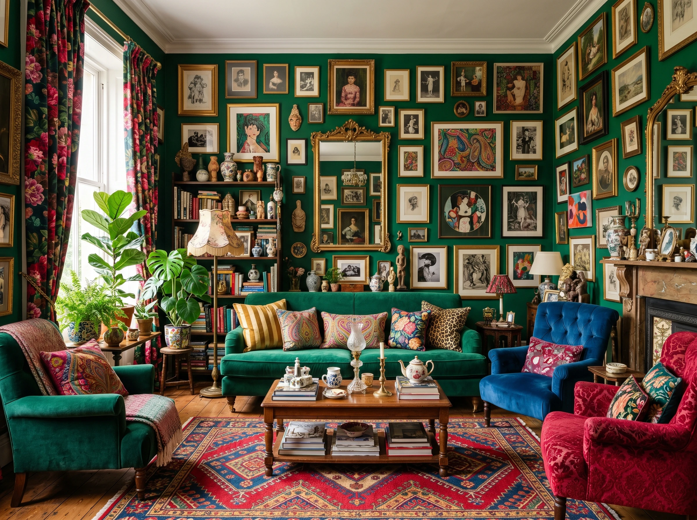 A vibrant, eclectic living room with green walls covered in framed art and photos. Colorful sofas and armchairs surround a wooden coffee table, and houseplants and vintage decor add character to the cozy, patterned space.