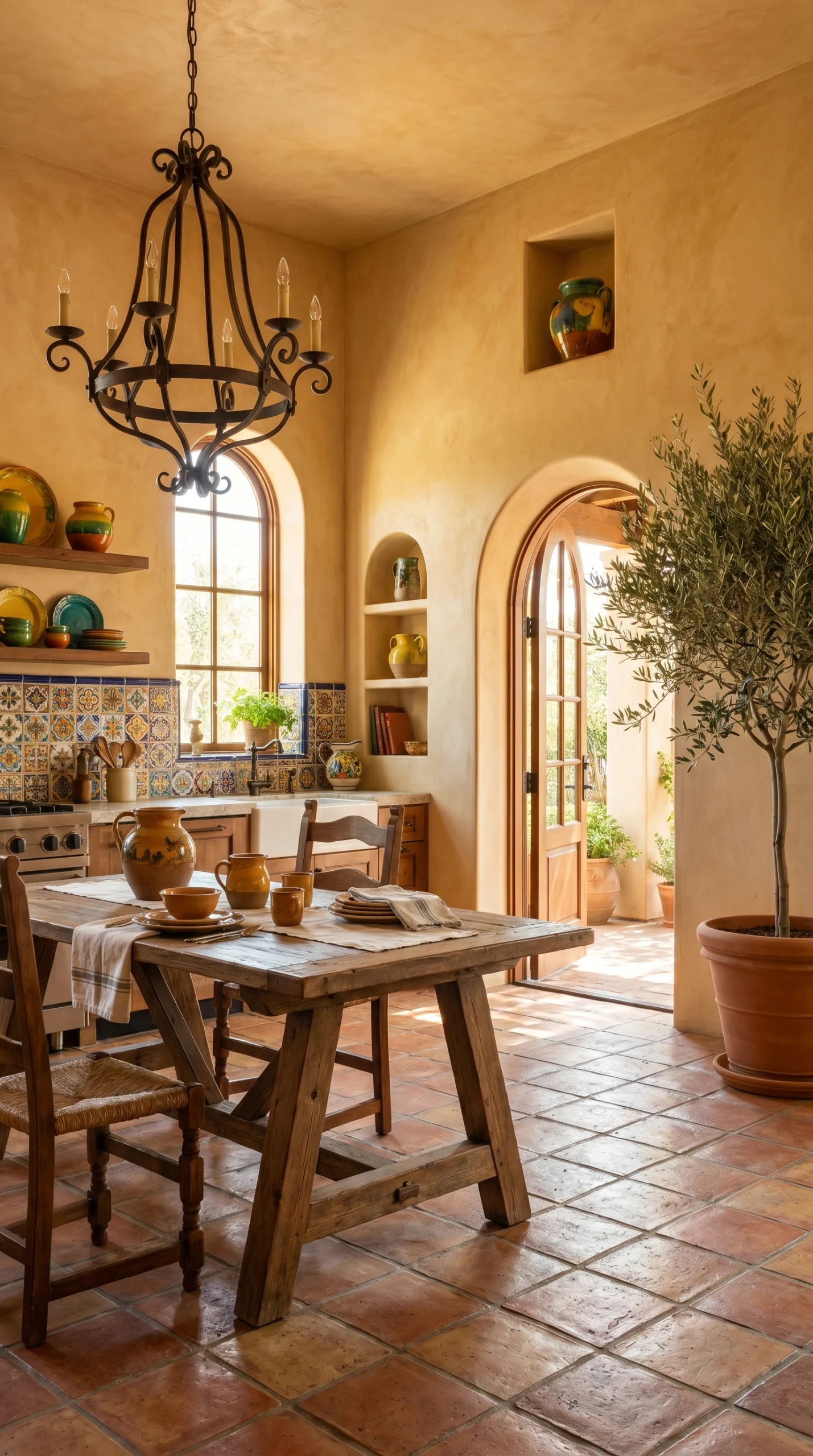Sunlit Mediterranean-style kitchen with terracotta tile floor, wooden table and chairs, colorful pottery, tiled backsplash, large potted plant, wrought-iron chandelier, and arched door open to a patio with greenery.