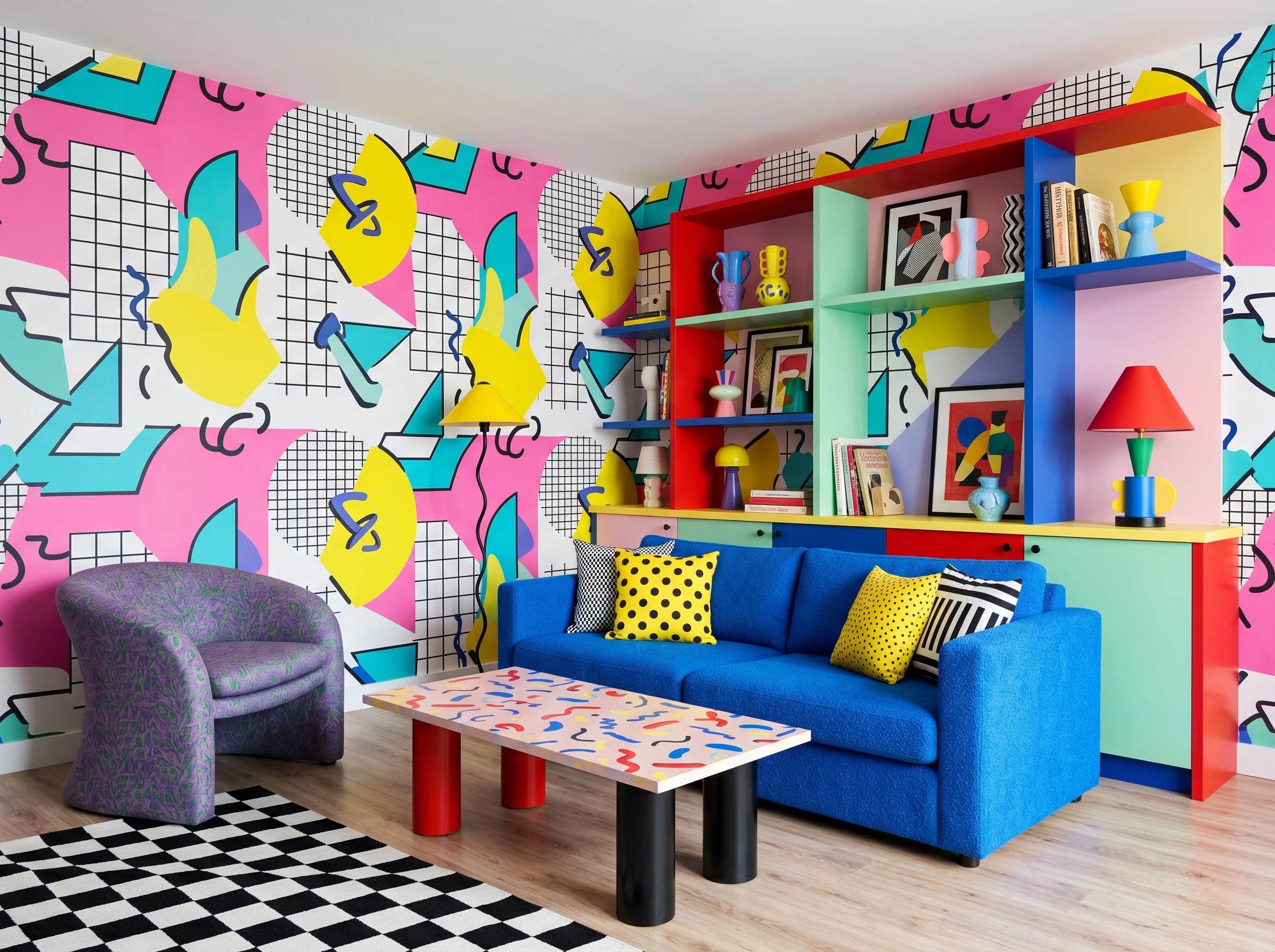 A vibrant living room features bold, geometric-patterned wallpaper in pink, yellow, blue, and black, a blue sofa with patterned cushions, a colorful shelving unit, a round chair, and a checkerboard rug.
