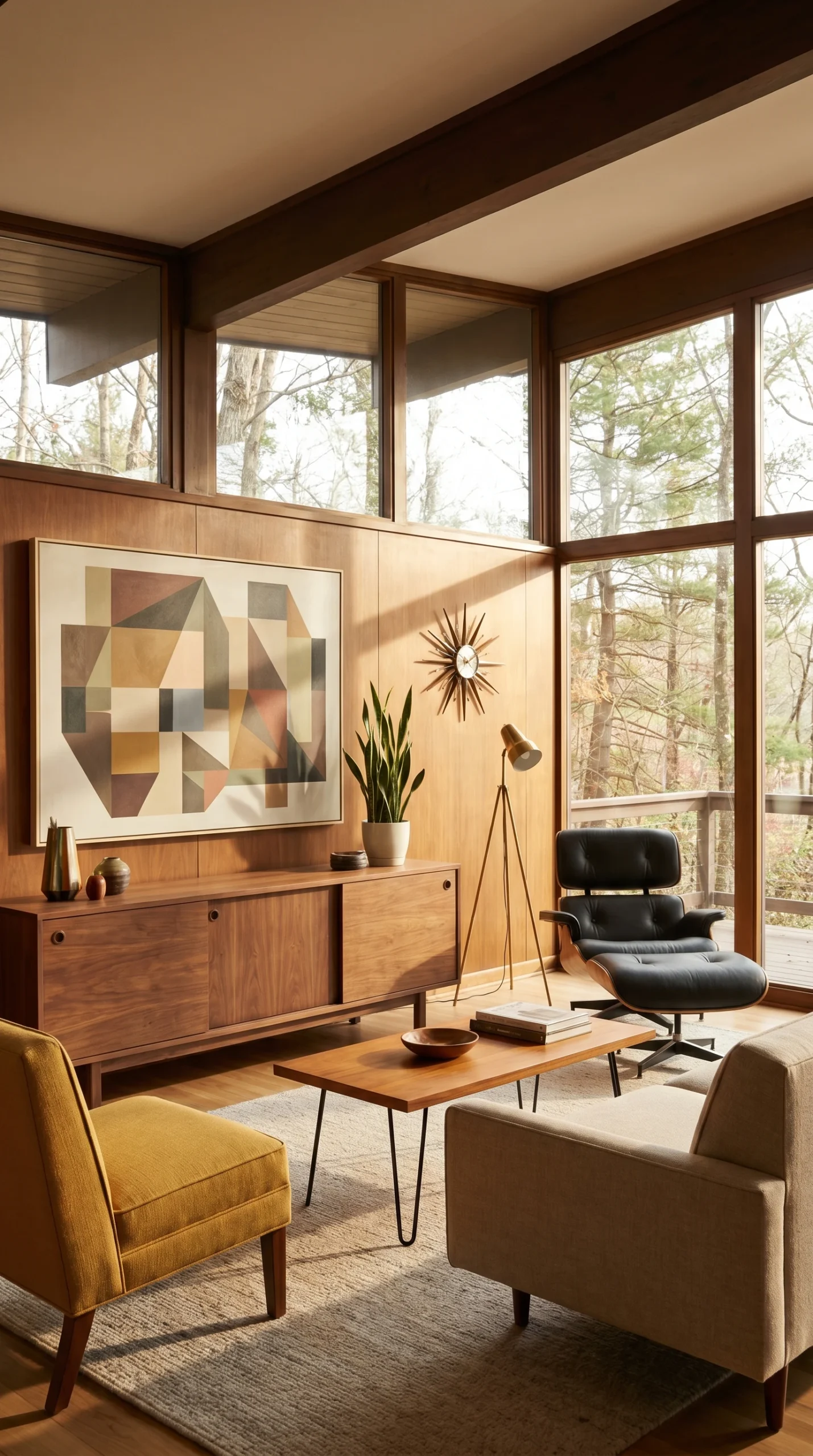A stylish mid-century modern living room with wood paneling, large windows, geometric wall art, a sunburst clock, a black lounge chair, mustard and beige armchairs, a wooden sideboard, and indoor plants.