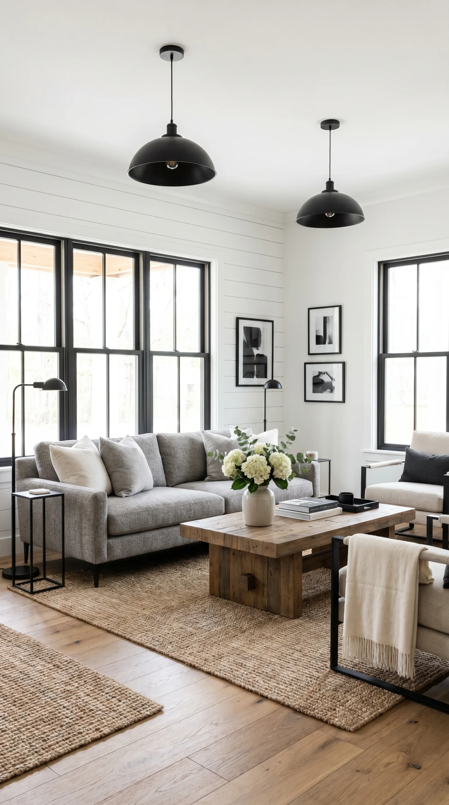 A modern living room with a neutral palette, featuring a gray sofa, armchair, wooden coffee table with a flower arrangement, large, black-framed windows, woven rug, and black pendant lights. Framed art decorates the walls.