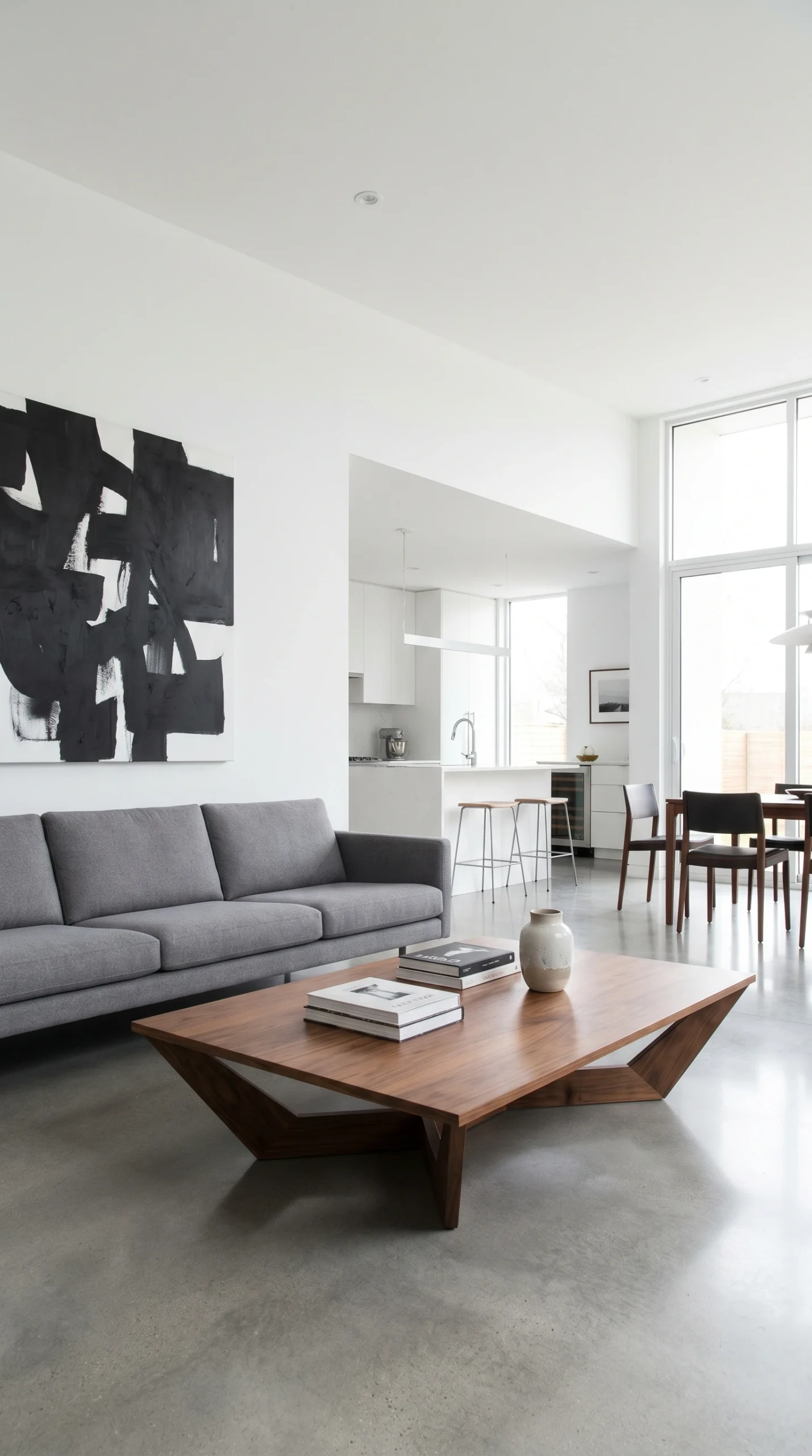 Modern living room with a gray sofa, abstract black-and-white wall art, a wooden coffee table with books and a vase, and an open layout leading to a dining area and kitchen with large windows letting in natural light.