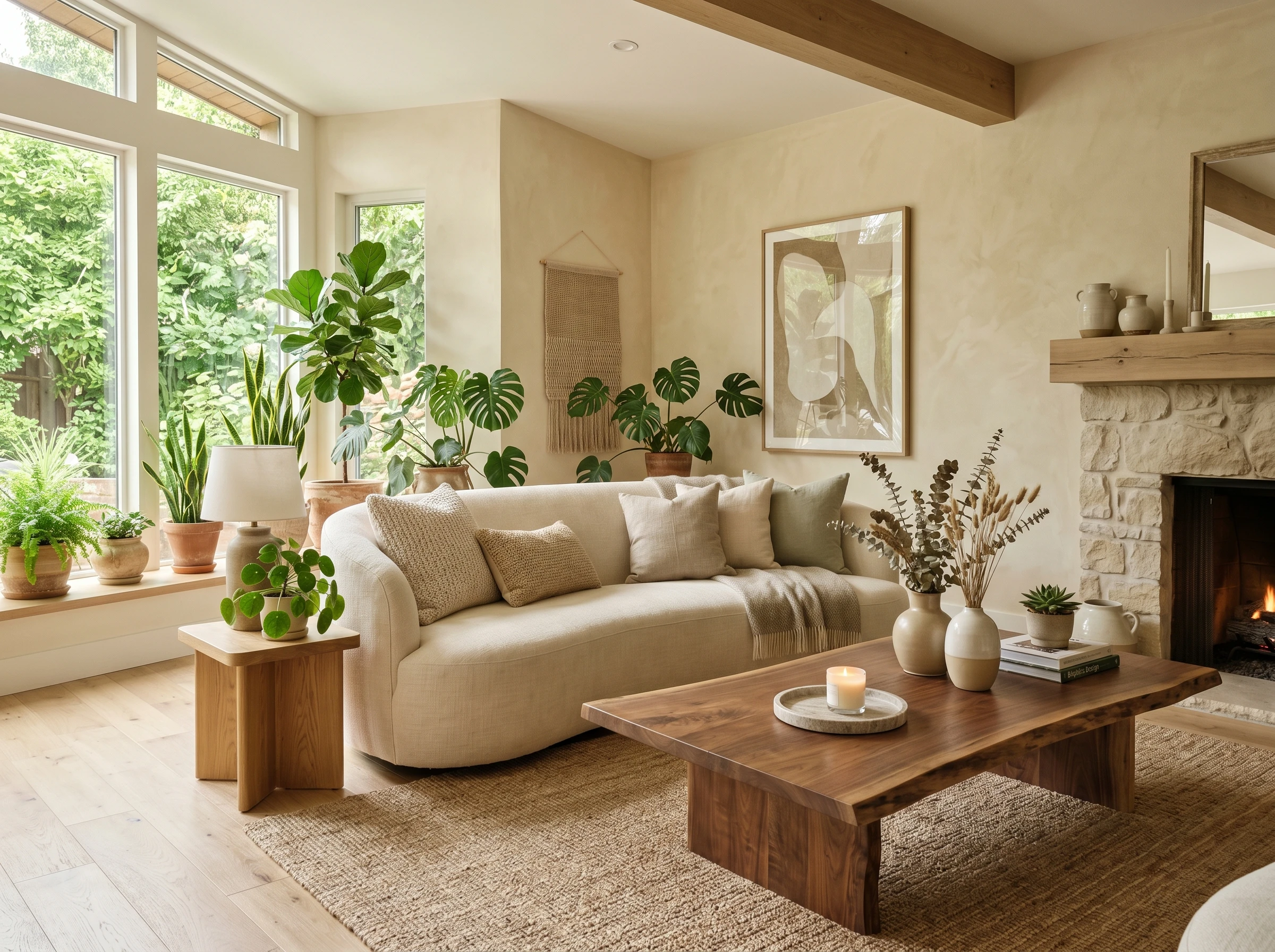 A cozy, modern living room with a curved white sofa, wooden coffee table, fireplace, large windows, and many green potted plants. Neutral tones and natural light create a warm, inviting atmosphere.