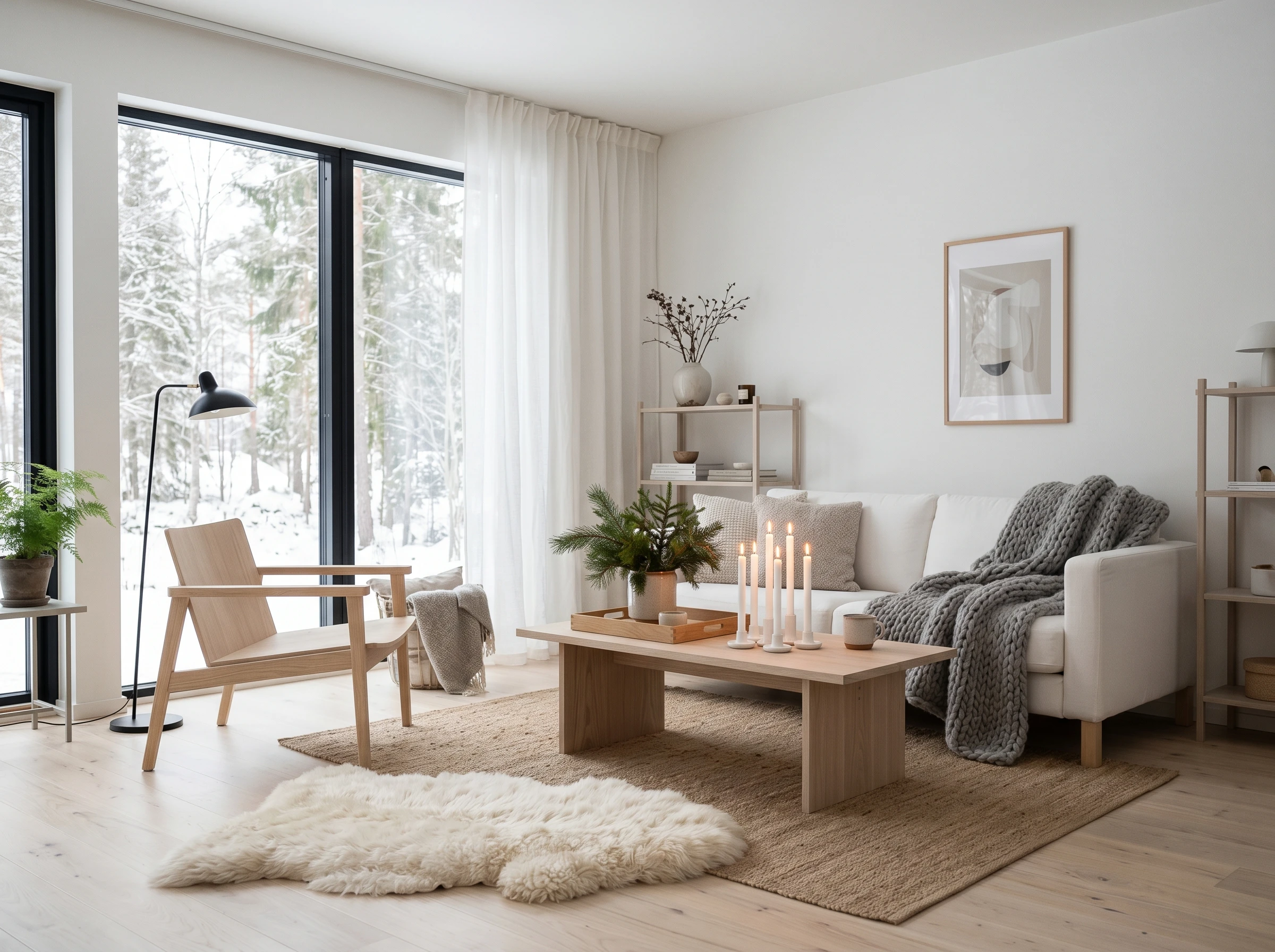 A bright, modern living room with large windows, a white sofa with a gray blanket, wooden furniture, lit candles on the coffee table, a sheepskin rug, and greenery. Snowy trees are visible outside.