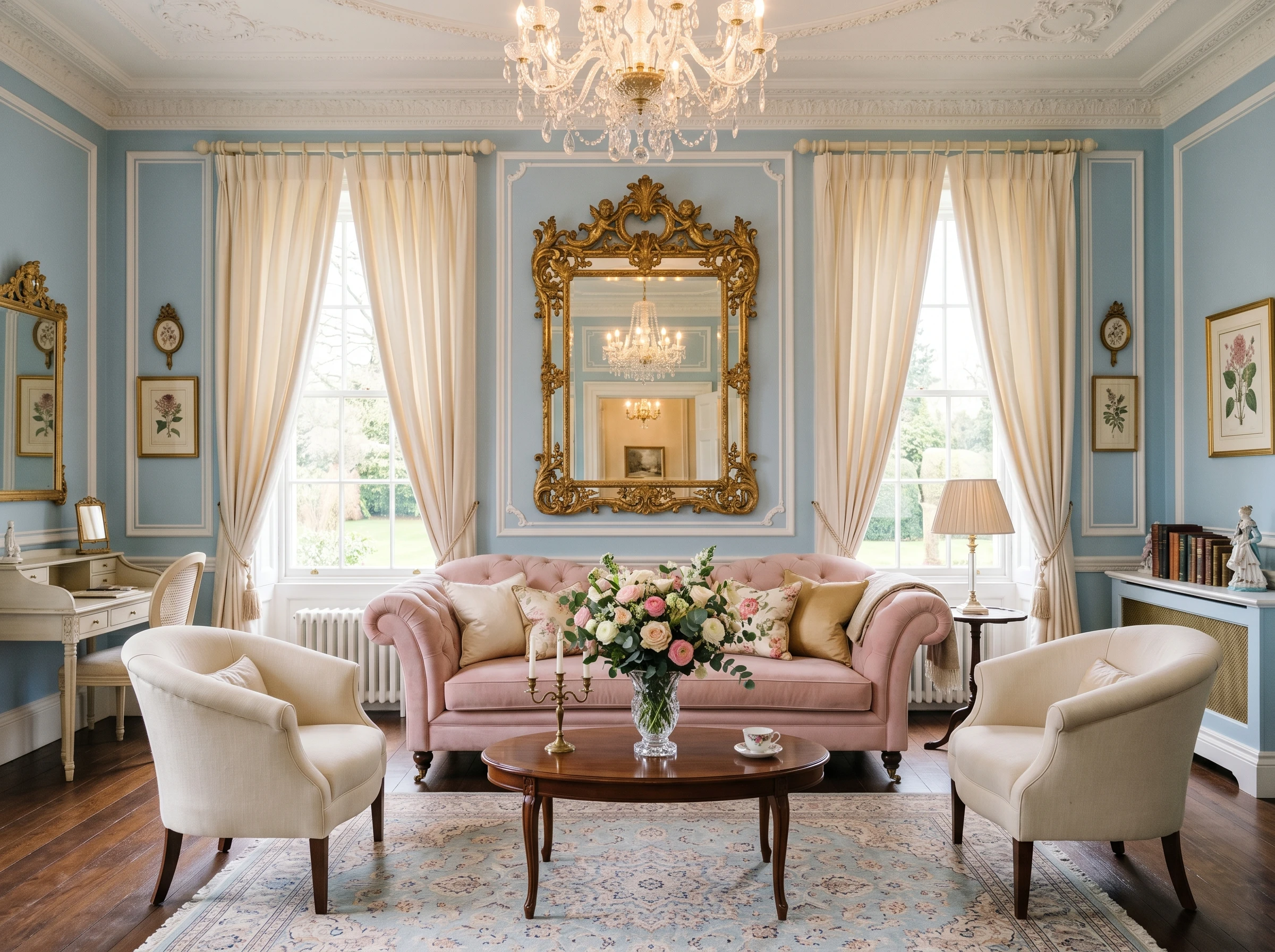 Elegant living room with a pink sofa, two cream armchairs, a wooden coffee table with flowers, large gold-framed mirror, chandelier, blue walls, tall windows with cream curtains, and classical decor.