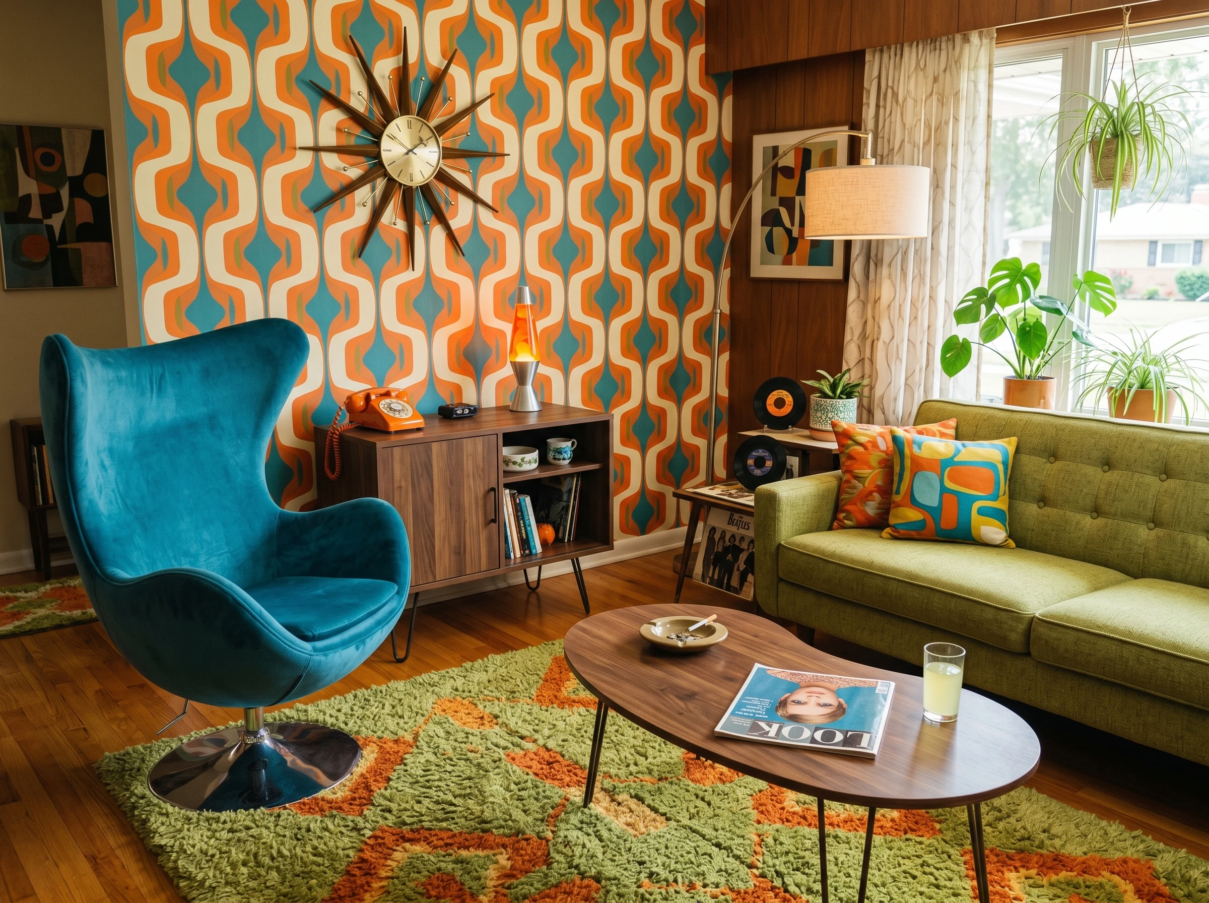 A retro living room with bold orange and teal geometric wallpaper, a green sofa with colorful pillows, a blue egg chair, vintage decor, a sunburst clock, and a wooden coffee table with a magazine and a glass of water.