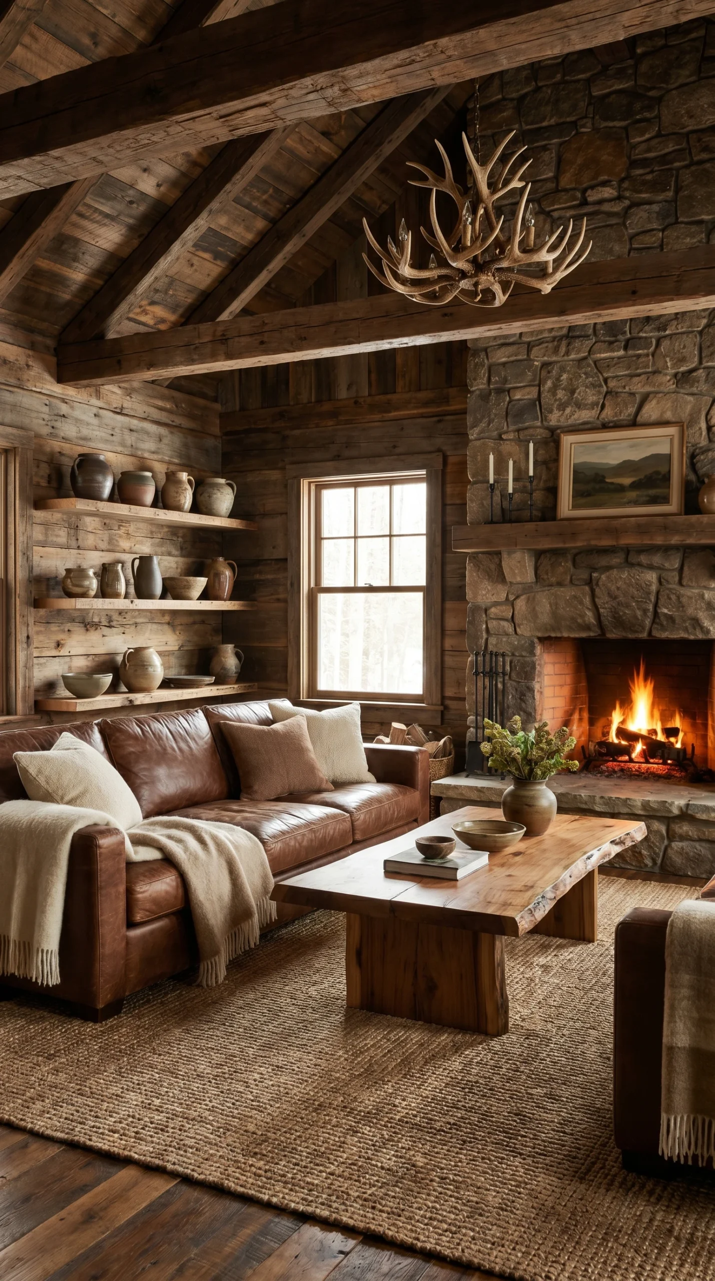 A cozy rustic living room with a leather sofa, wooden coffee table, stone fireplace with a roaring fire, shelves of pottery, and wood-paneled walls and ceiling. Blankets and pillows add warmth to the inviting space.