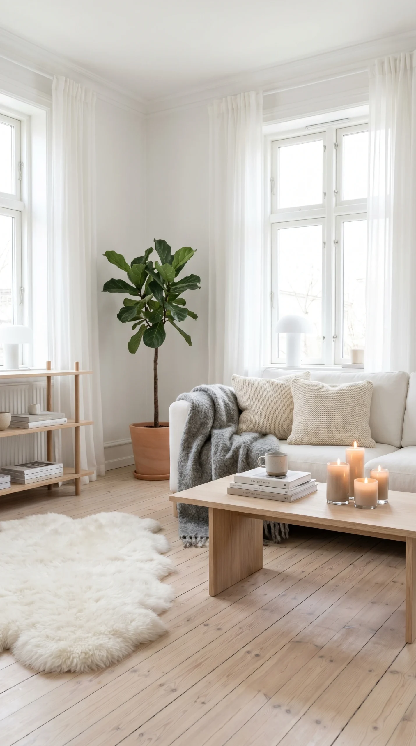 A bright, cozy living room with large windows, a white sofa with cushions and a gray throw, a wooden coffee table with candles, a potted plant, a soft white rug, and light wood flooring.