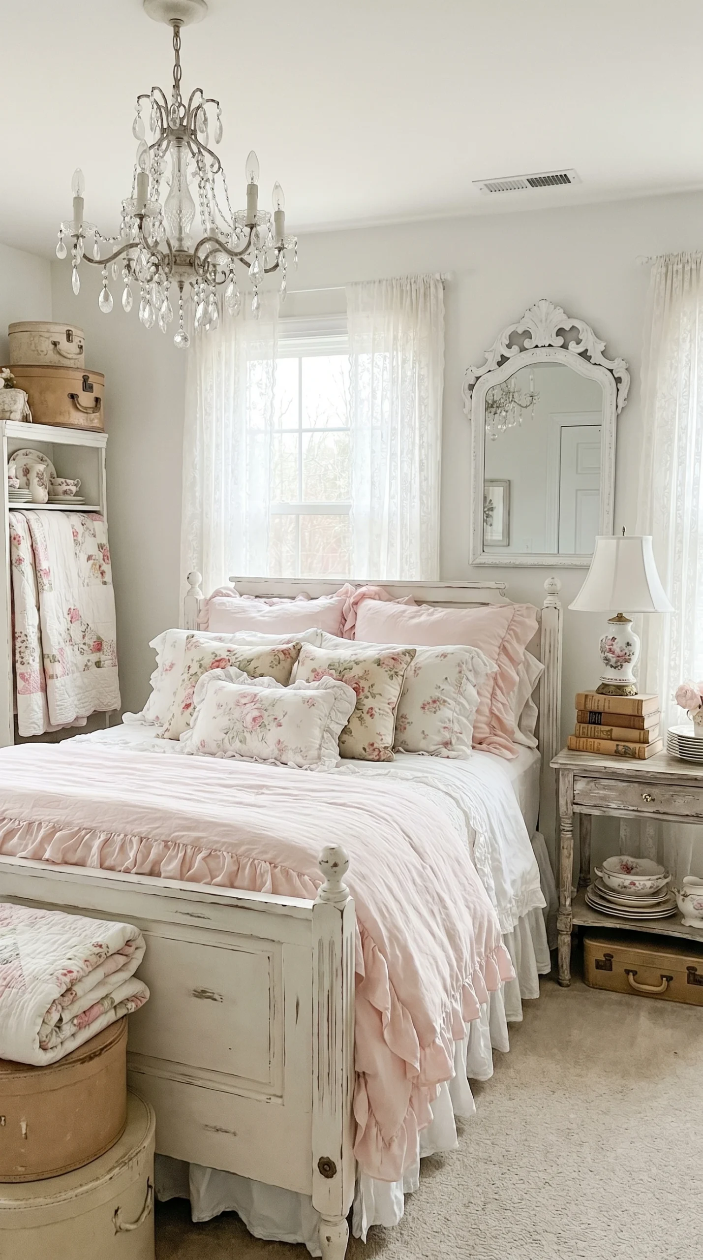 A vintage-style bedroom with a white wooden bed, pink floral bedding, ruffled pillows, a crystal chandelier, lace curtains, a mirror, an ornate lamp, and floral decor, creating a soft, cozy, and elegant atmosphere.