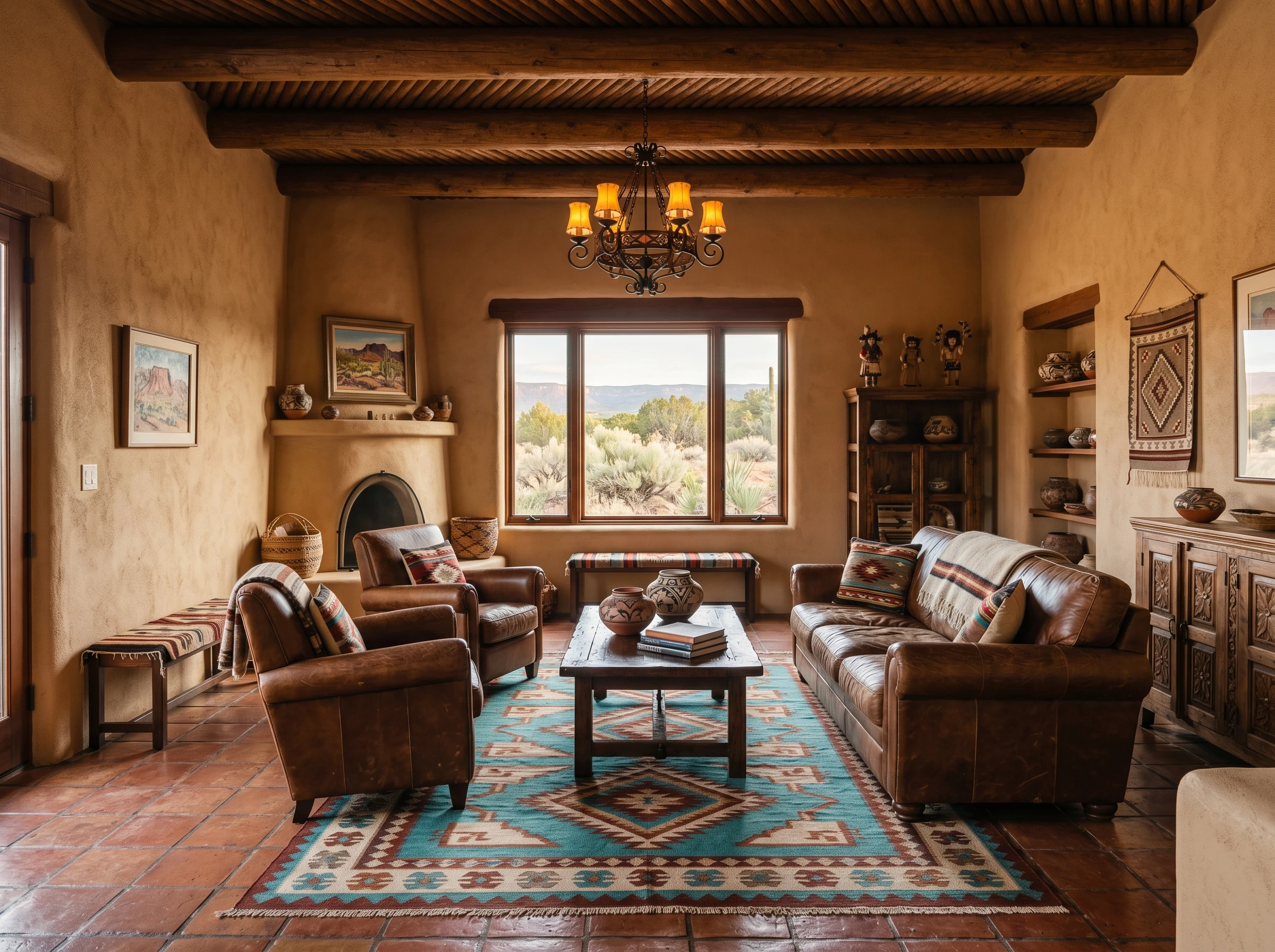 A cozy Southwestern-style living room with leather sofas, patterned rugs, wooden beams, terracotta floors, and a large window showcasing a desert landscape. Warm earth tones and Native-inspired decor fill the space.