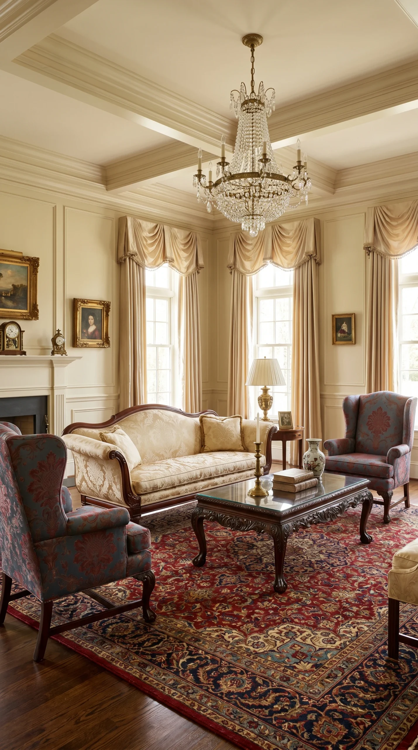 Elegant living room with classic furniture, ornate rug, chandelier, and large windows with drapes. A sofa, armchairs, coffee table, lamp, fireplace, and framed art create a warm, traditional atmosphere.
