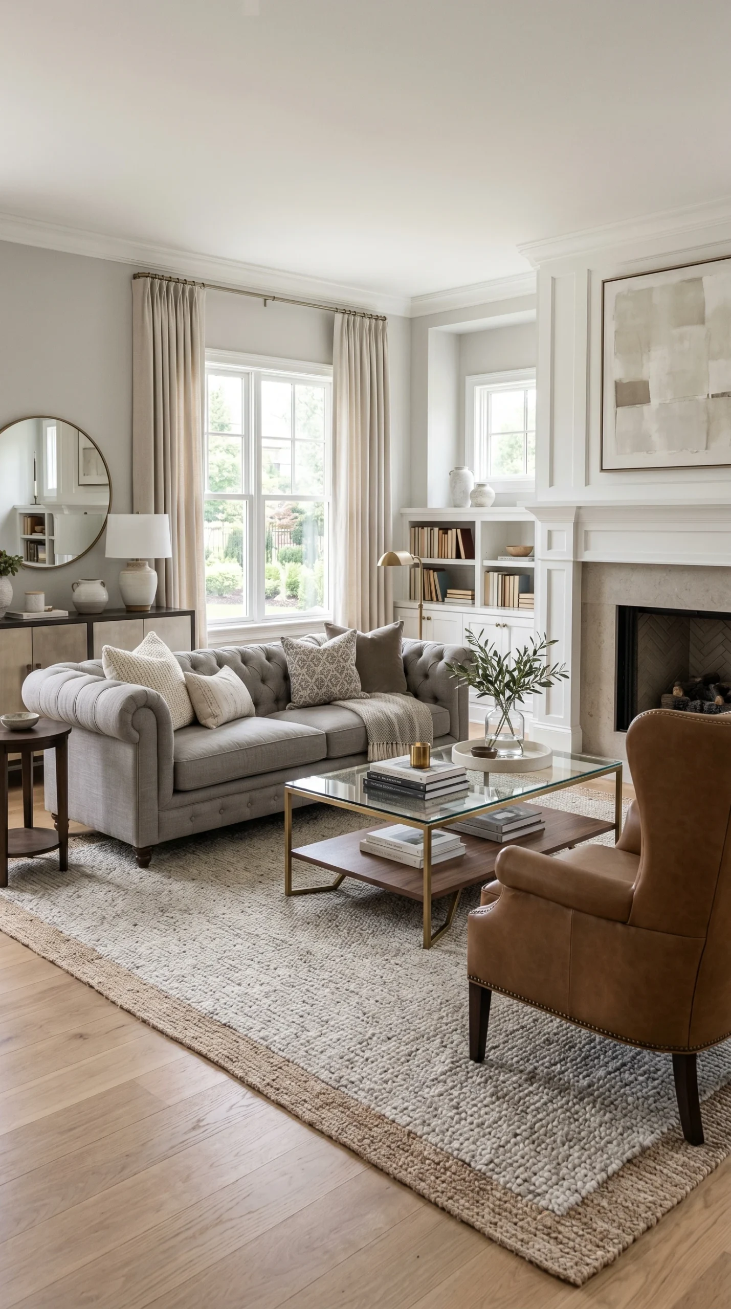 A bright, modern living room with a tufted gray sofa, tan armchair, glass coffee table, fireplace, large windows, neutral decor, a round mirror, and built-in shelves filled with books and decor items.