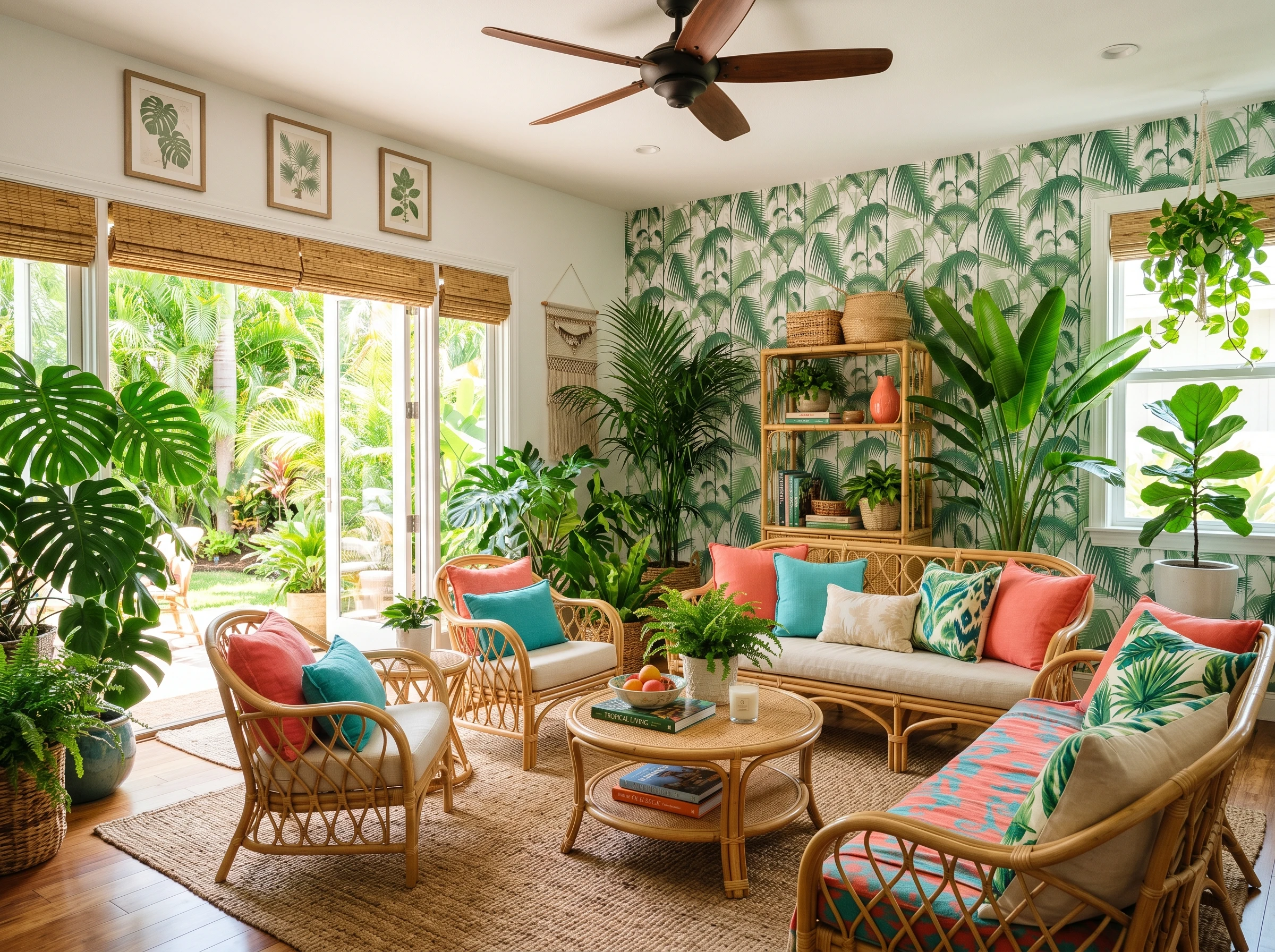 A bright, tropical-themed living room with wicker furniture, colorful cushions, lush green plants, palm-patterned wallpaper, and large windows opening to a vibrant garden.