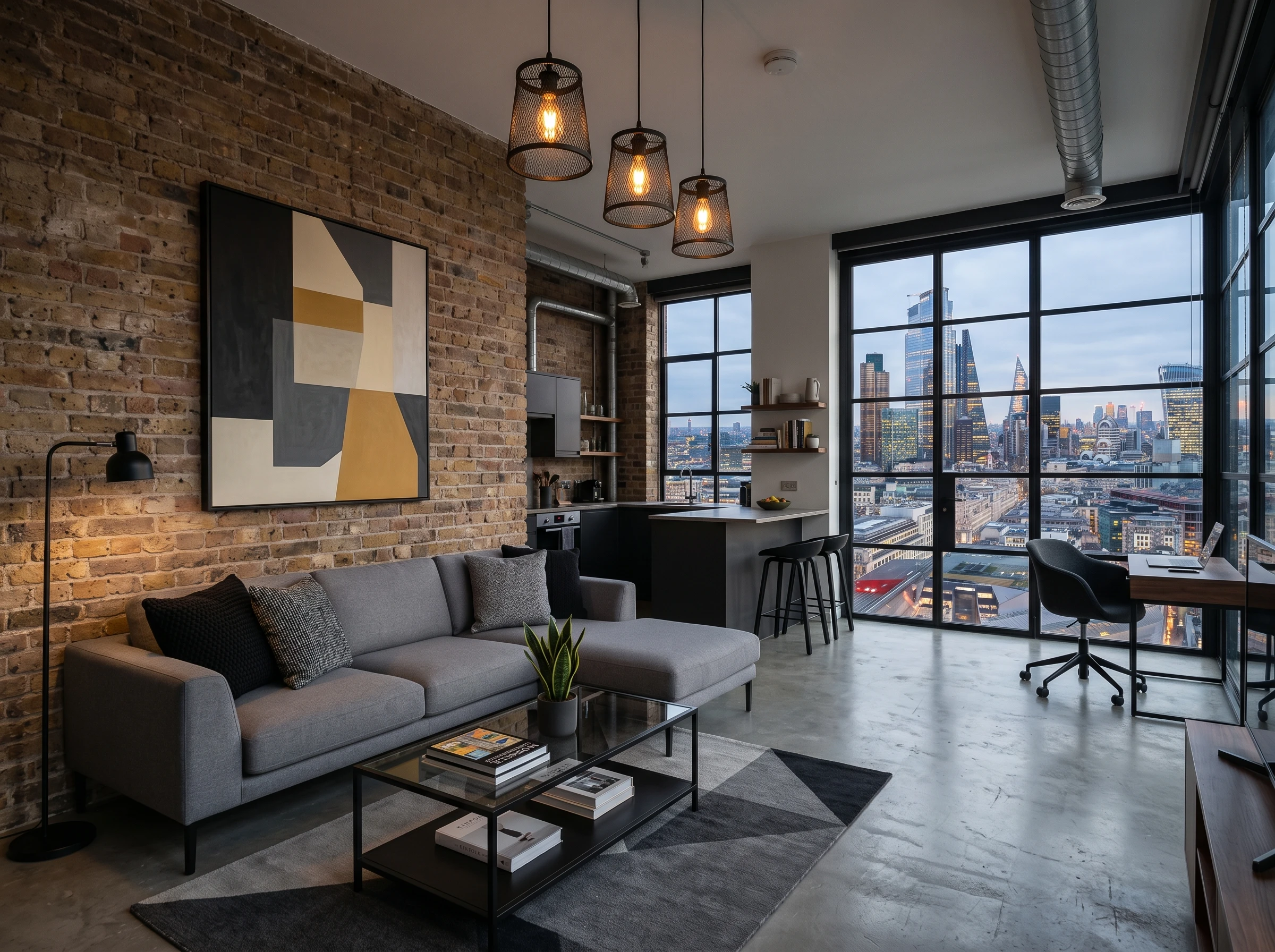 Modern loft apartment with exposed brick walls, large windows overlooking a city skyline, a gray sofa, abstract wall art, a small kitchen, and a workspace with a desk and chair. Industrial-style lighting hangs from the ceiling.