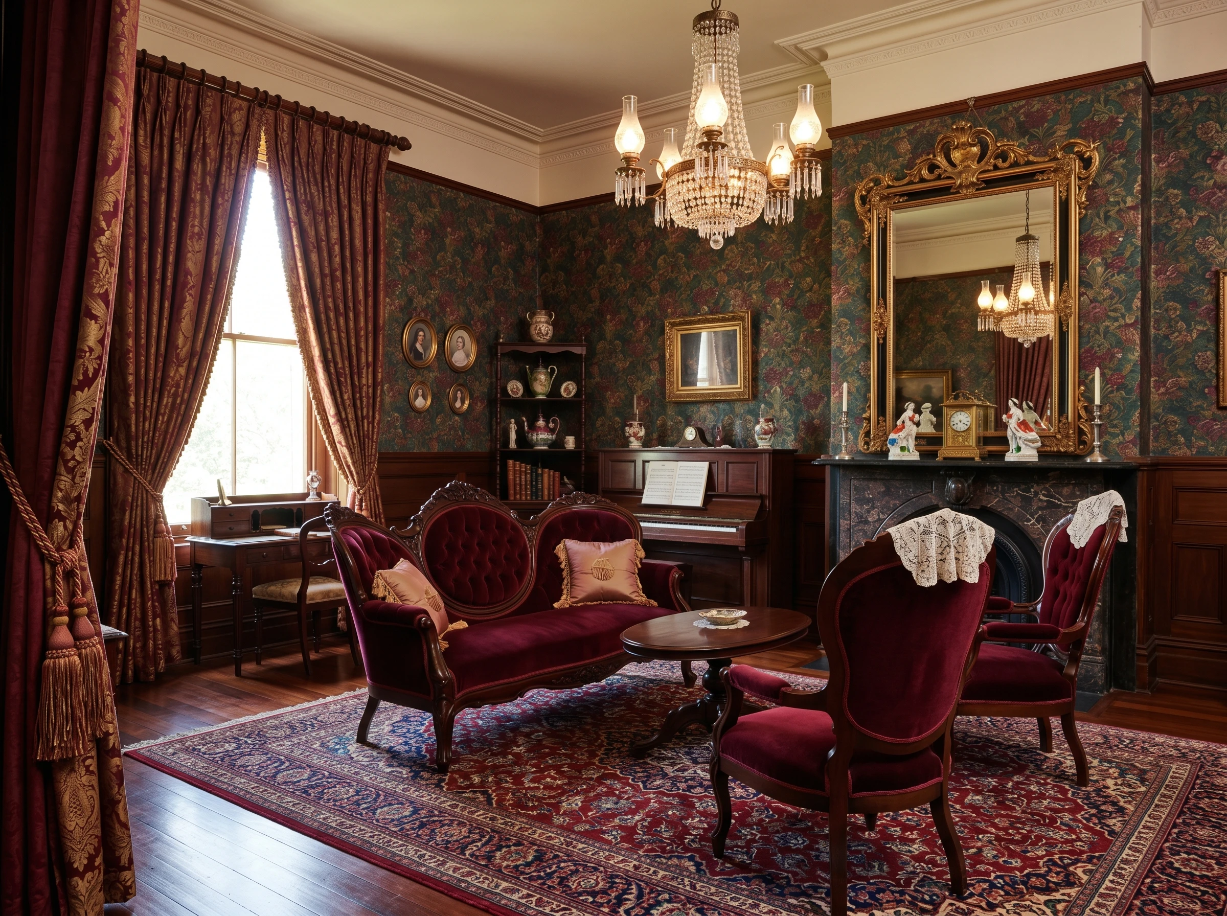 Victorian-style living room with red velvet furniture, ornate rug, chandelier, floral wallpaper, large gold mirror above a fireplace, piano, and a window with heavy drapes letting in daylight.