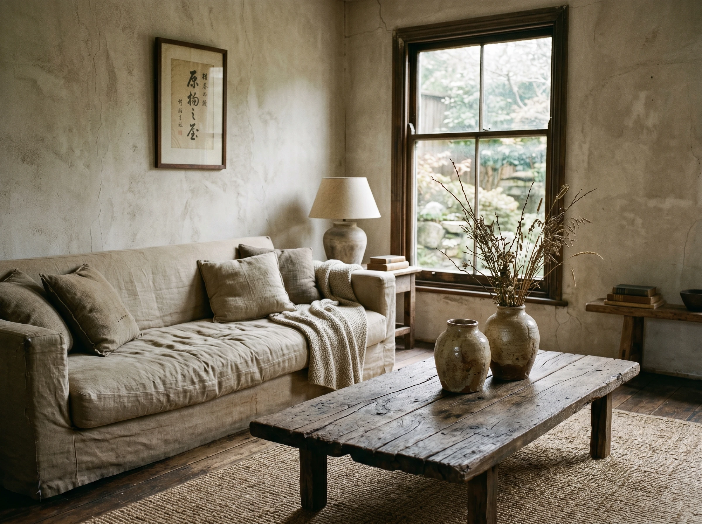 A cozy living room with a beige sofa, textured cushions, a throw blanket, a wooden coffee table with ceramic vases, a table lamp, and a large window letting in natural light; rustic and minimal decor.