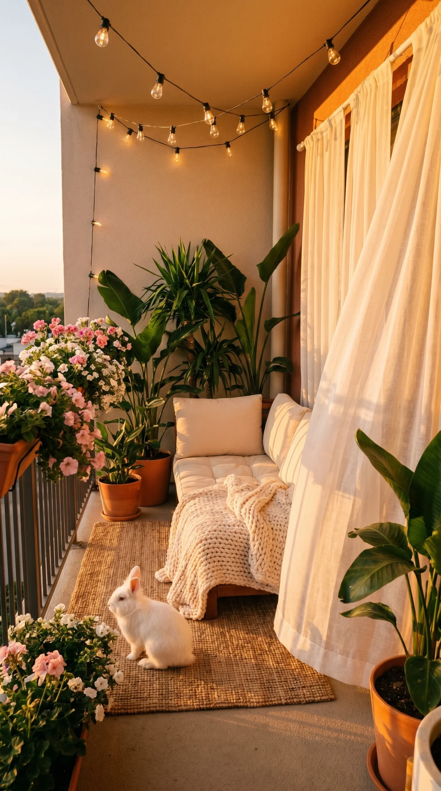 small white rabbit sitting on jute rug on small apartment balcony at golden hour surrounded by lush plants cream daybed Edison lights and sheer curtains in warm amber light