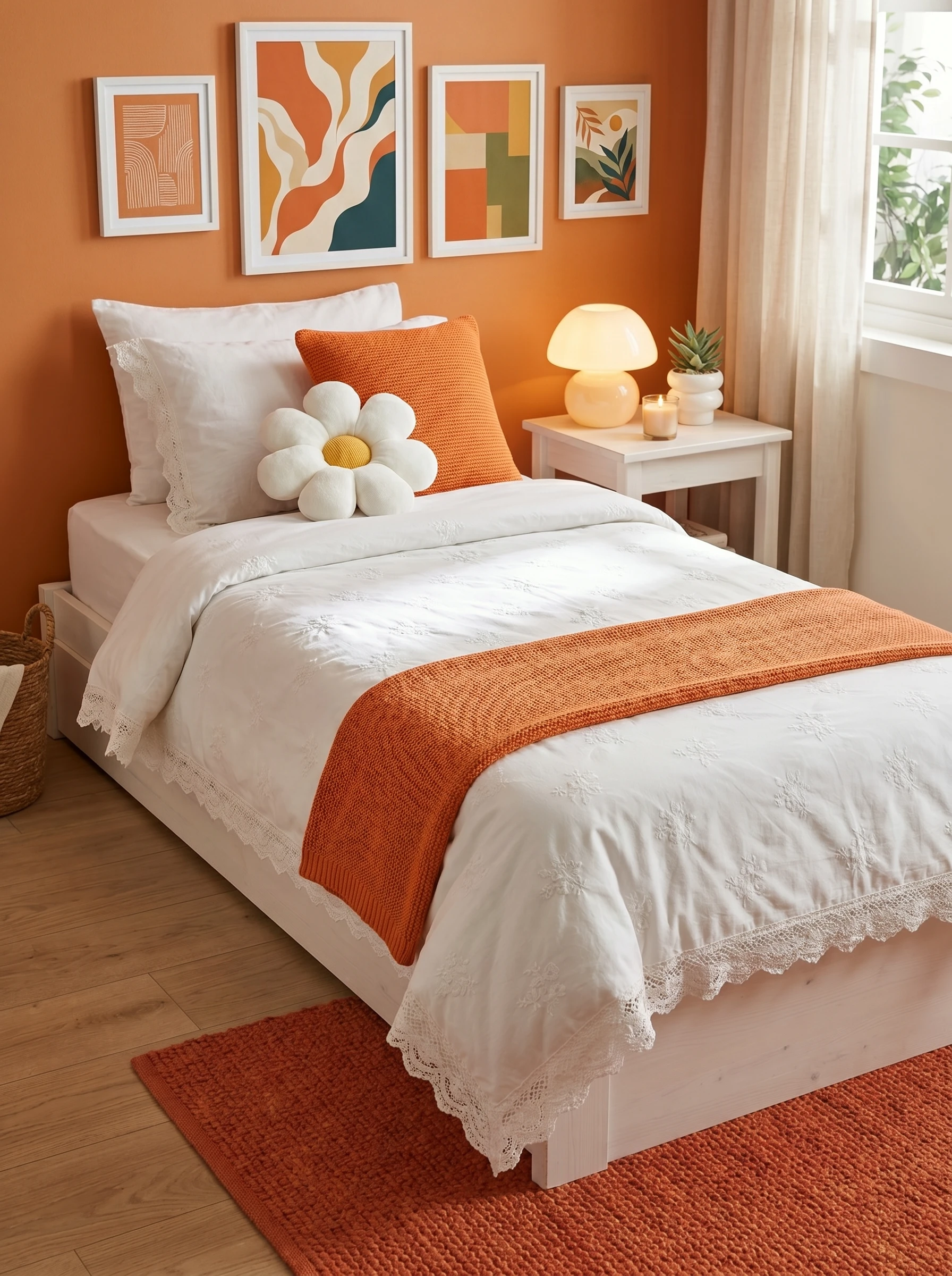 beautifully dressed bed with white floral lace duvet