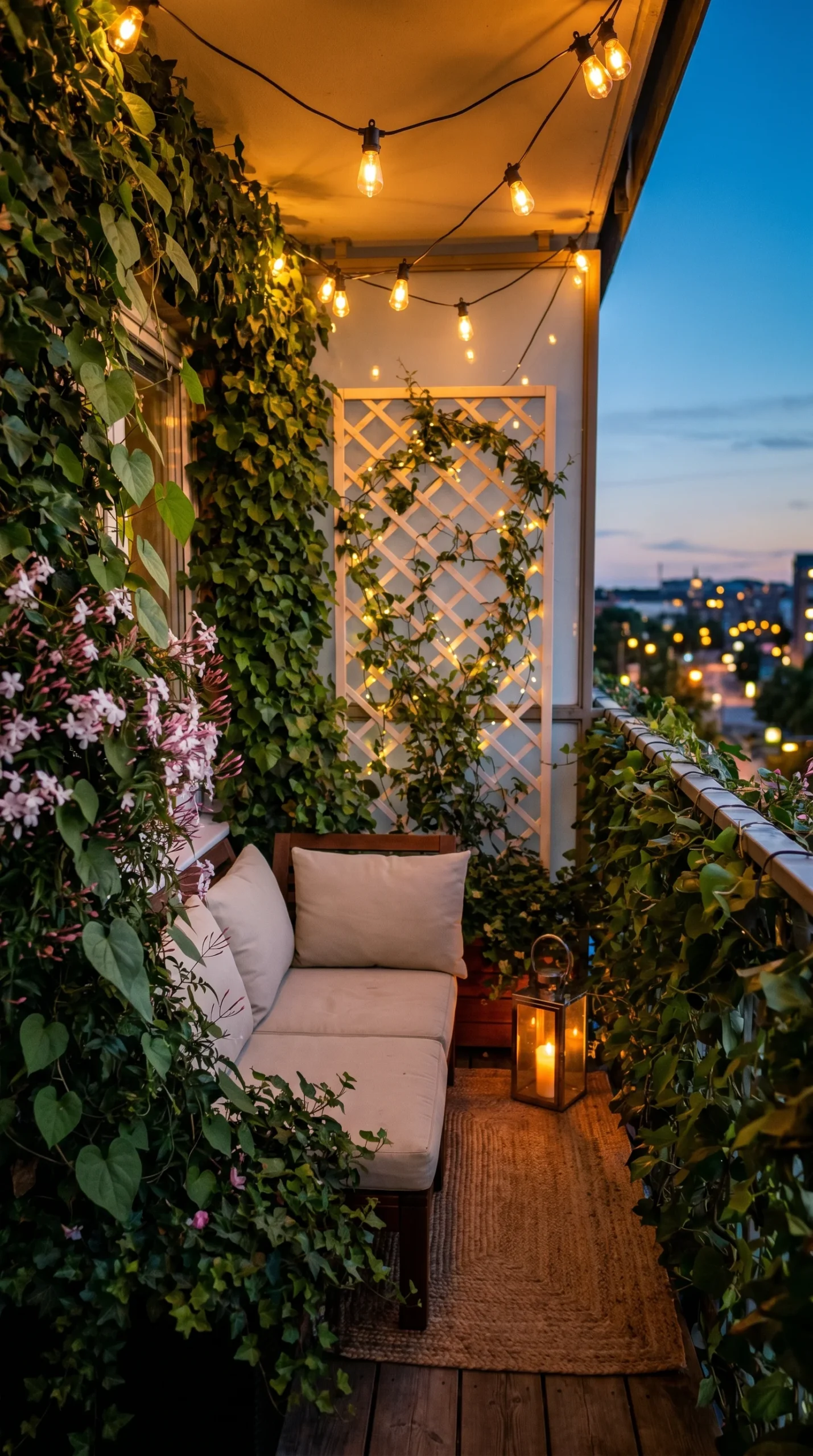 natural plant privacy screen of trailing ivy climbing vines and pink flowering jasmine on small apartment balcony with trellis fairy lights and warm string lights at dusk