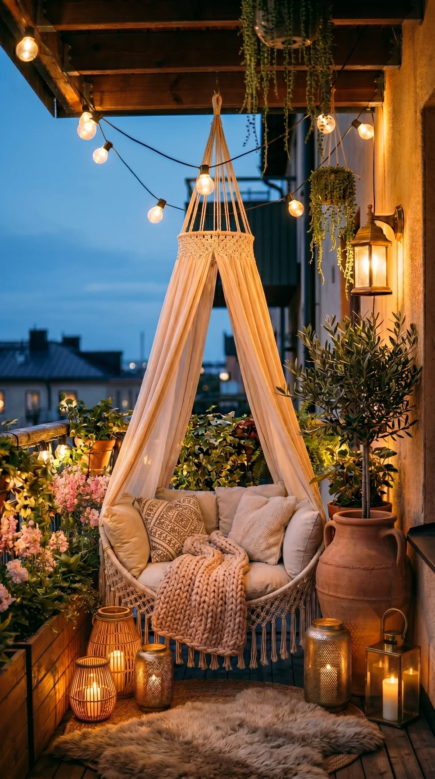 Edison globe string lights gold lantern and wall sconce creating layered warm amber lighting on styled apartment balcony at dusk