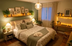 complete cozy aesthetic bedroom in sage green and cream tones with fairy lights