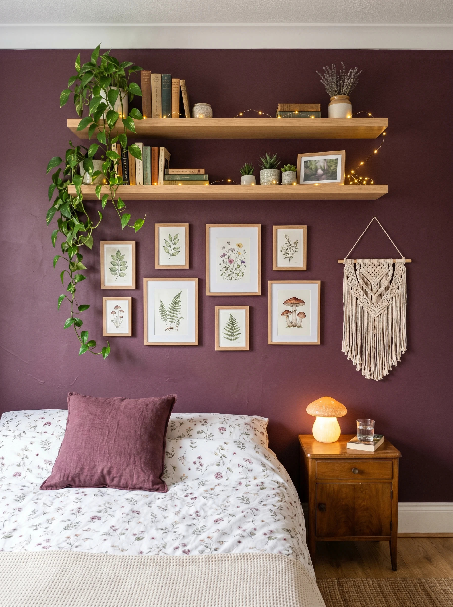 bedroom wall with floating shelves fairy lights botanical gallery wall and macrame hanging showing complete affordable accent wall styling with plants and warm lighting