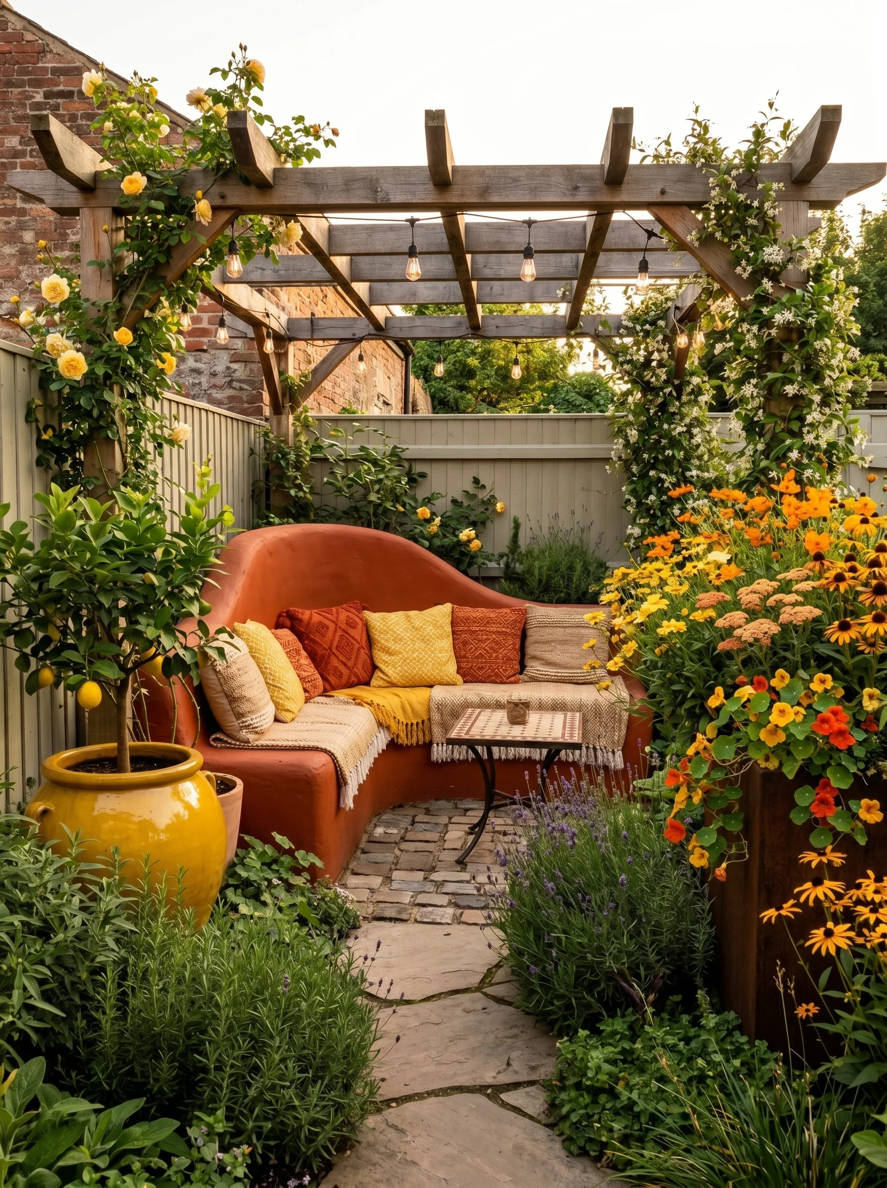 large matching containers of different heights grouped as a focal point in a compact garden with cohesive planting