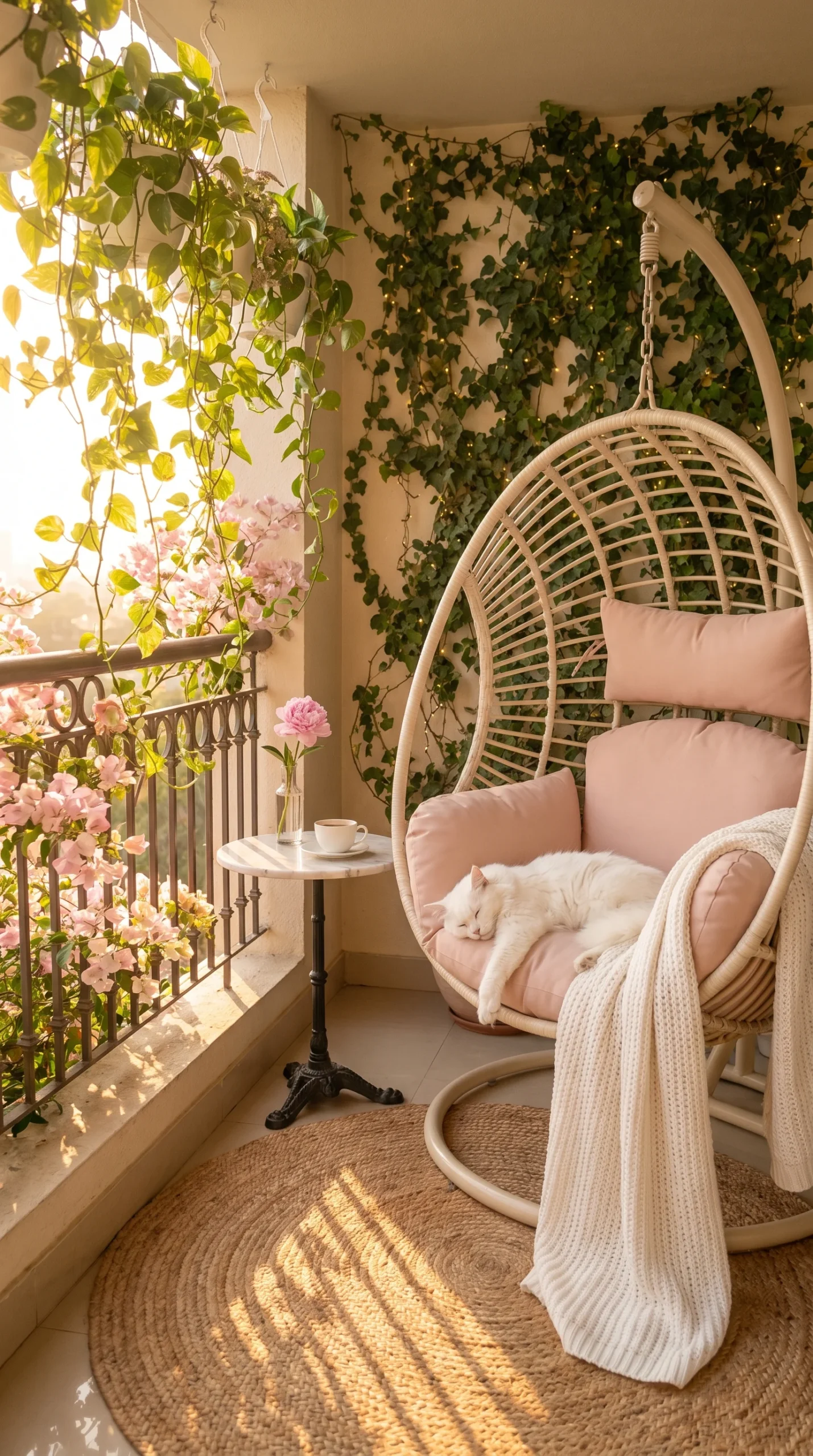 fluffy white cat sleeping on cream egg chair on small aesthetic apartment balcony in soft morning light with pink flowers trailing plants and marble side table